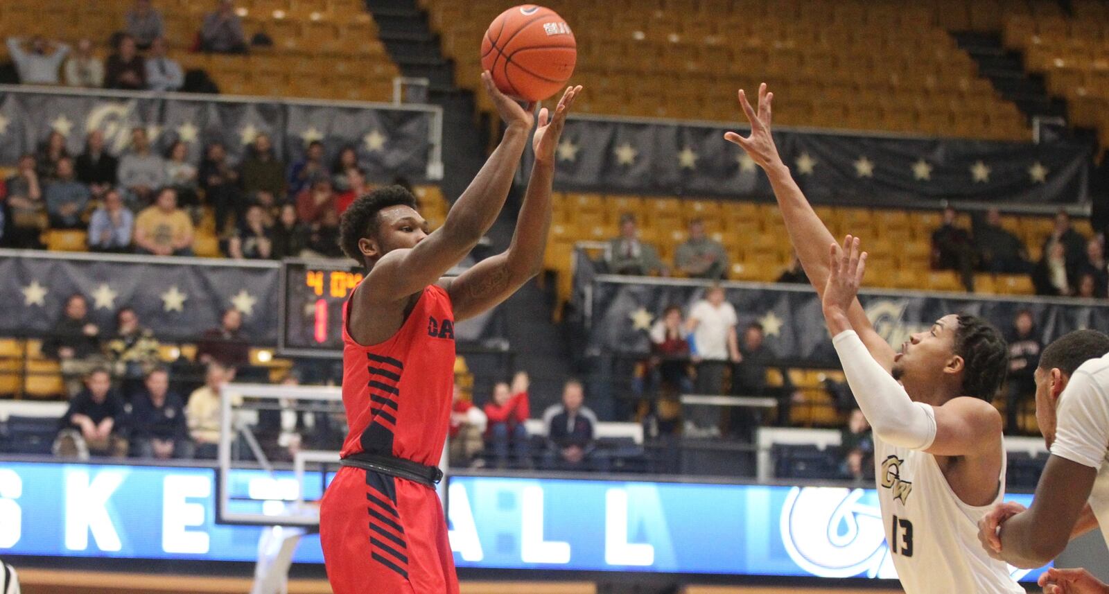 Dayton's Jordan Davis makes a 3-pointer against George Washington in the second half on Wednesday, Jan. 9, 2019, at the Smith Center in Washington, D.C.