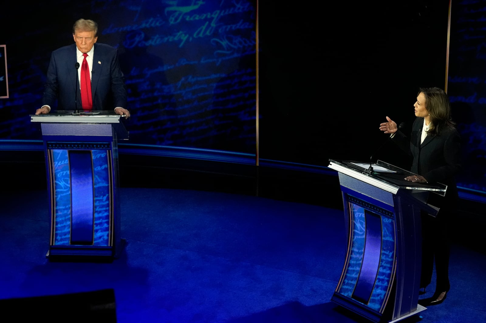 Republican presidential nominee former President Donald Trump, left, and Democratic presidential nominee Vice President Kamala Harris participate during an ABC News presidential debate, Sept.10, 2024, in Philadelphia. (AP Photo/Alex Brandon, File)