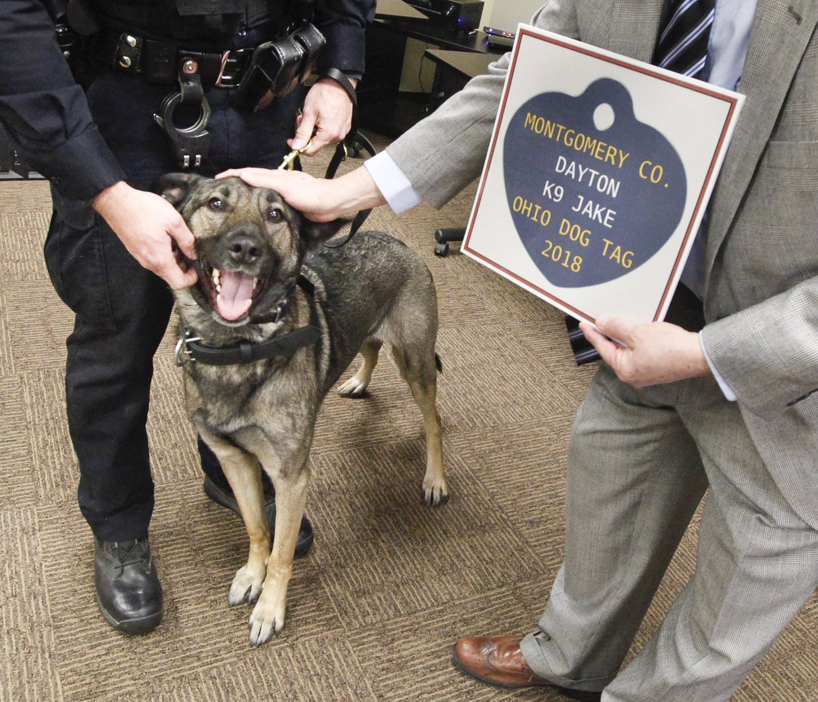 Montgomery County Auditor Karl Keith presents Dayton Police Department K-9 Jake with his 2018 dog license. Keith handed out 2018 licenses to nine police dogs from the Montgomery County Sheriff’s Office, the Dayton Police Department and the Kettering Police Department. CHRIS STEWART / STAFF