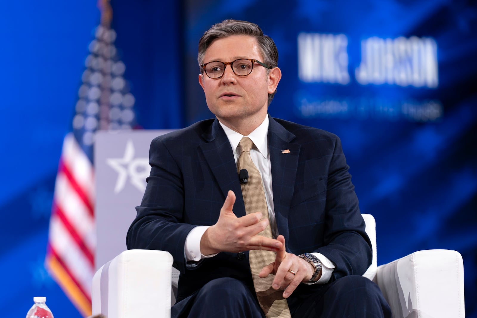 Speaker of the House Mike Johnson, R-La., speaks at the Conservative Political Action Conference, CPAC, at the Gaylord National Resort & Convention Center, Thursday, Feb. 20, 2025, in Oxon Hill, Md. (AP Photo/Jose Luis Magana)