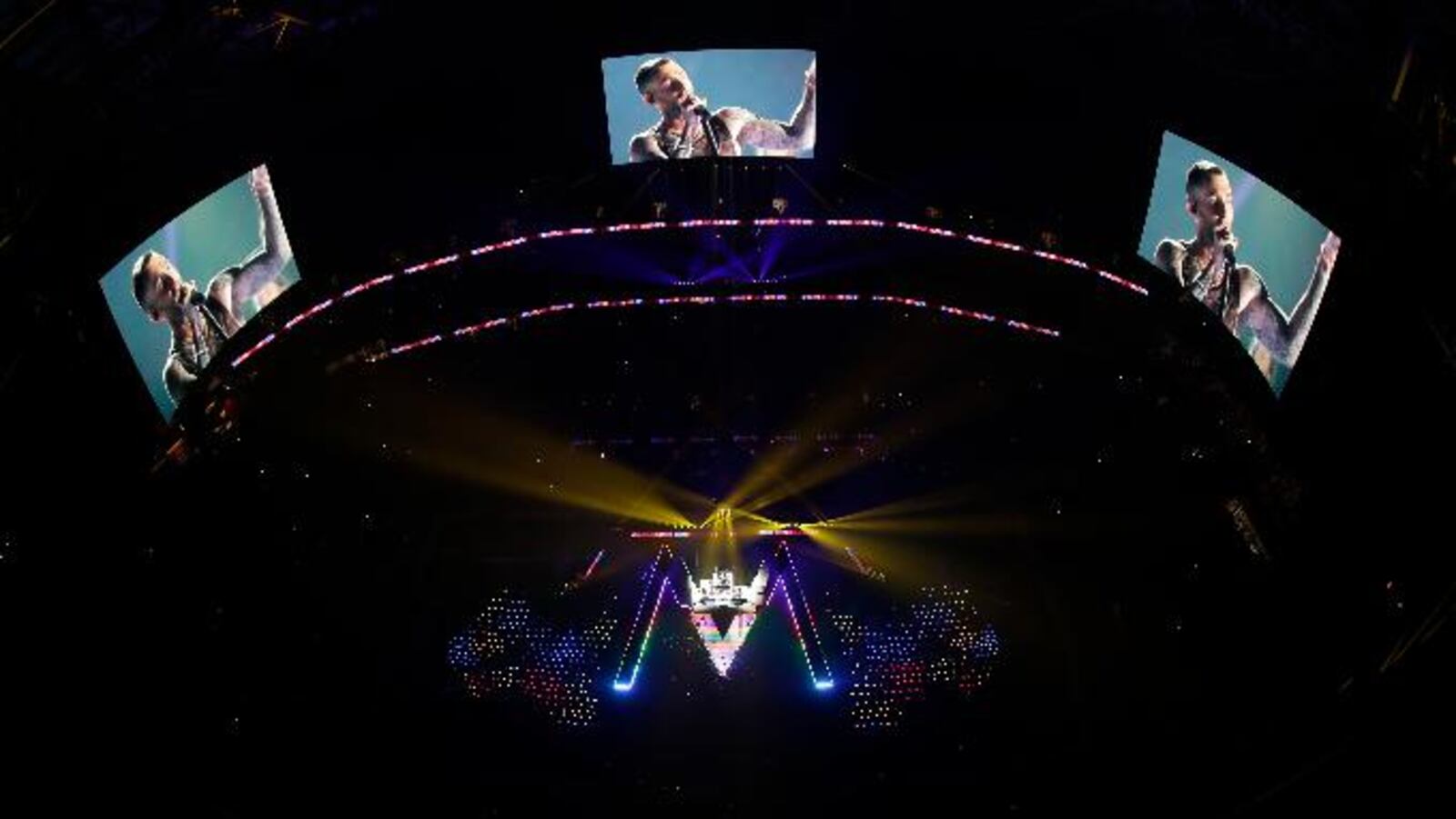 Adam Levine of Maroon 5 performs during halftime of the NFL Super Bowl 53 football game between the Los Angeles Rams and the New England Patriots on Feb. 3, 2019, in Atlanta.