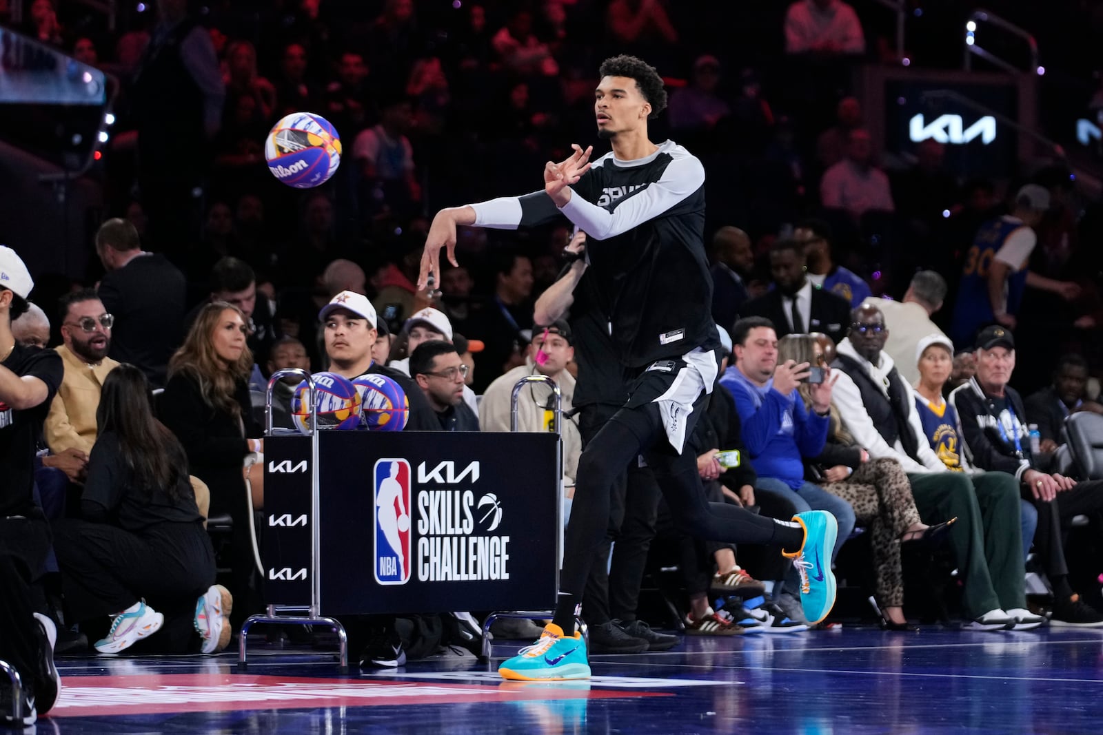 San Antonio Spurs Center Victor Wembanyama competes during the skills challenge at the NBA basketball All-Star Saturday night festivities Saturday, Feb. 15, 2025, in San Francisco. (AP Photo/Godofredo A. Vásquez)