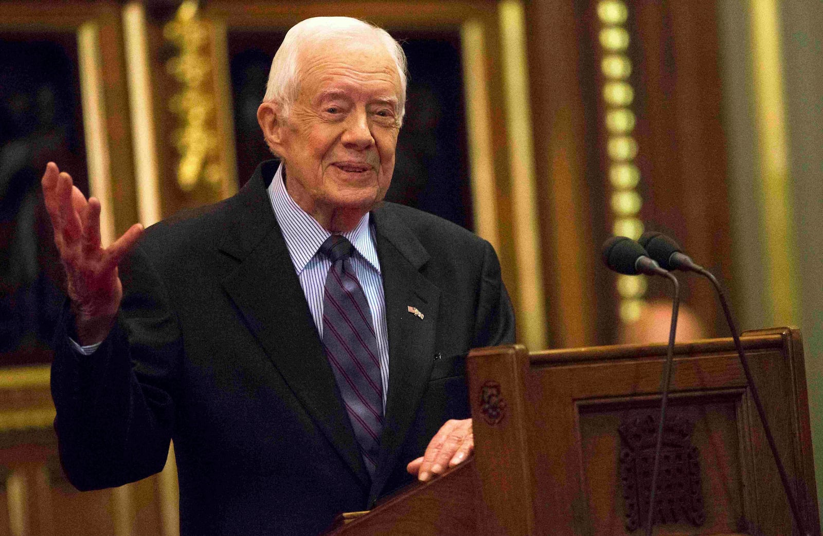 FILE - Former President Jimmy Carter speaks on the eradication of the Guinea worm, Feb. 3, 2016, at the House of Lords in London. (Neil Hall/Pool Photo via AP, File)