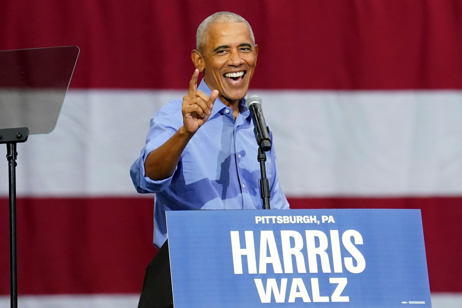 Former President Barack Obama speaks during a campaign rally supporting Democratic presidential nominee Vice President Kamala Harris, Thursday, Oct. 10, 2024, at the University of Pittsburgh's Fitzgerald Field House in Pittsburgh. (AP Photo/Matt Freed)