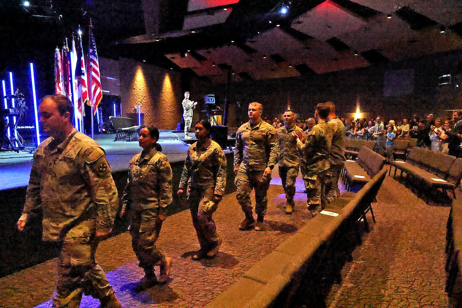 Members of the  Ohio Army National Guard 1137th Tactical Installation Networking Enhanced Signal Company, during a Call to Duty Ceremony for the unit Saturday, August 31, 2024 at the First Christian Church in Springfield. BILL LACKEY/STAFF