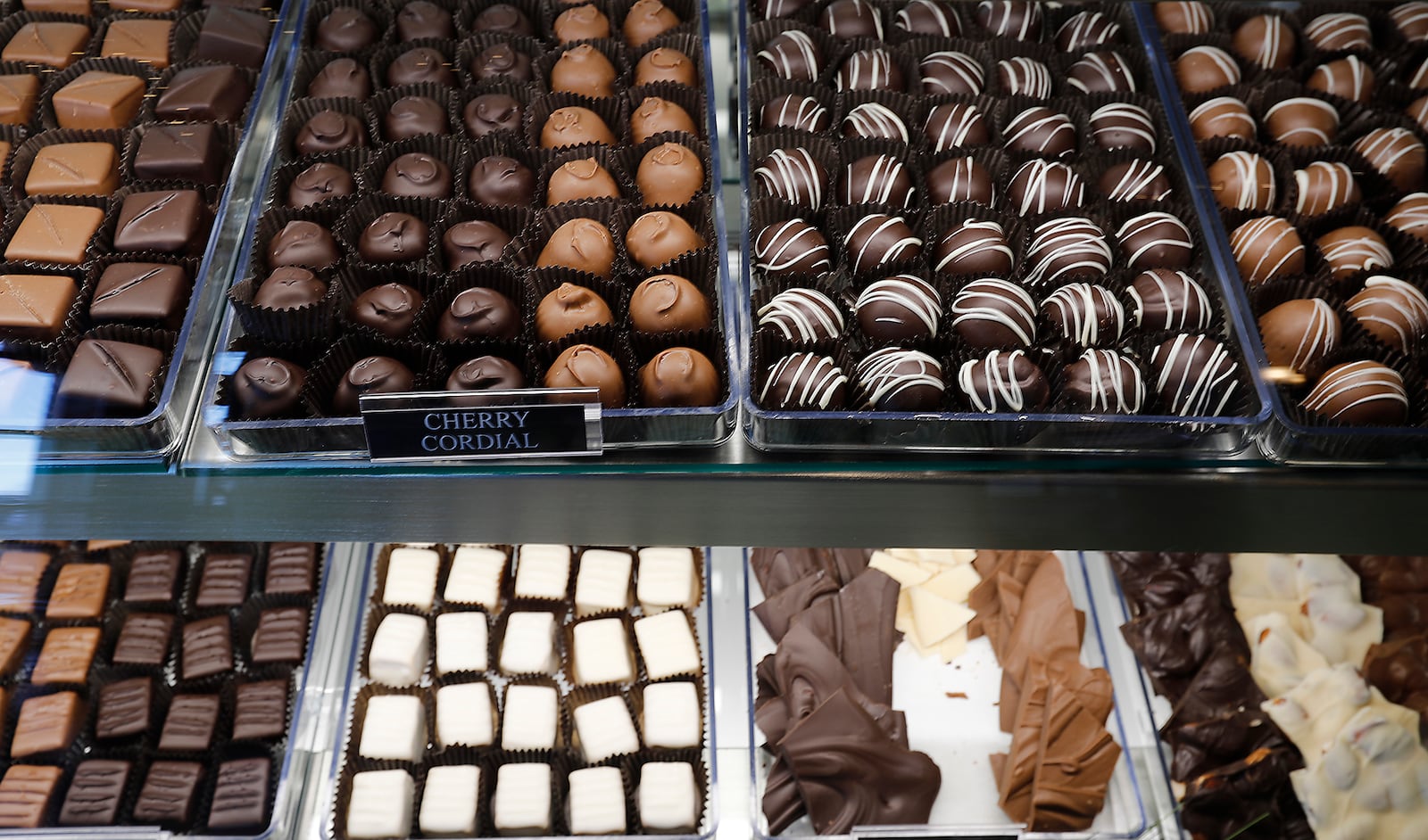 Some of the variety of chocolates at Winans Chocolates and Coffees in downtown Springfield. Bill Lackey/Staff