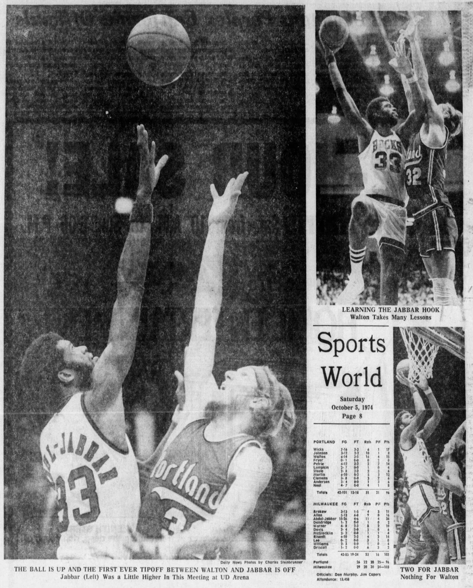 Oct. 5, 1974: Kareem clobbers Walton at UD Arena. DAYTON DAILY NEWS ARCHIVES