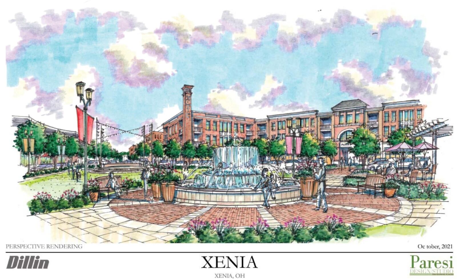 A sketch rendering of the proposed redevelopment of Xenia Towne Square, showing the proposed public plaza in the center of the development.