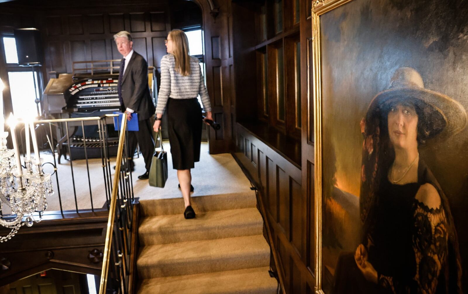 A painting of Olive Kettering, Charles Kettering's wife, hangs in the stairwell of the Ridgeleigh Terrace in Kettering. JIM NOELKER/STAFF