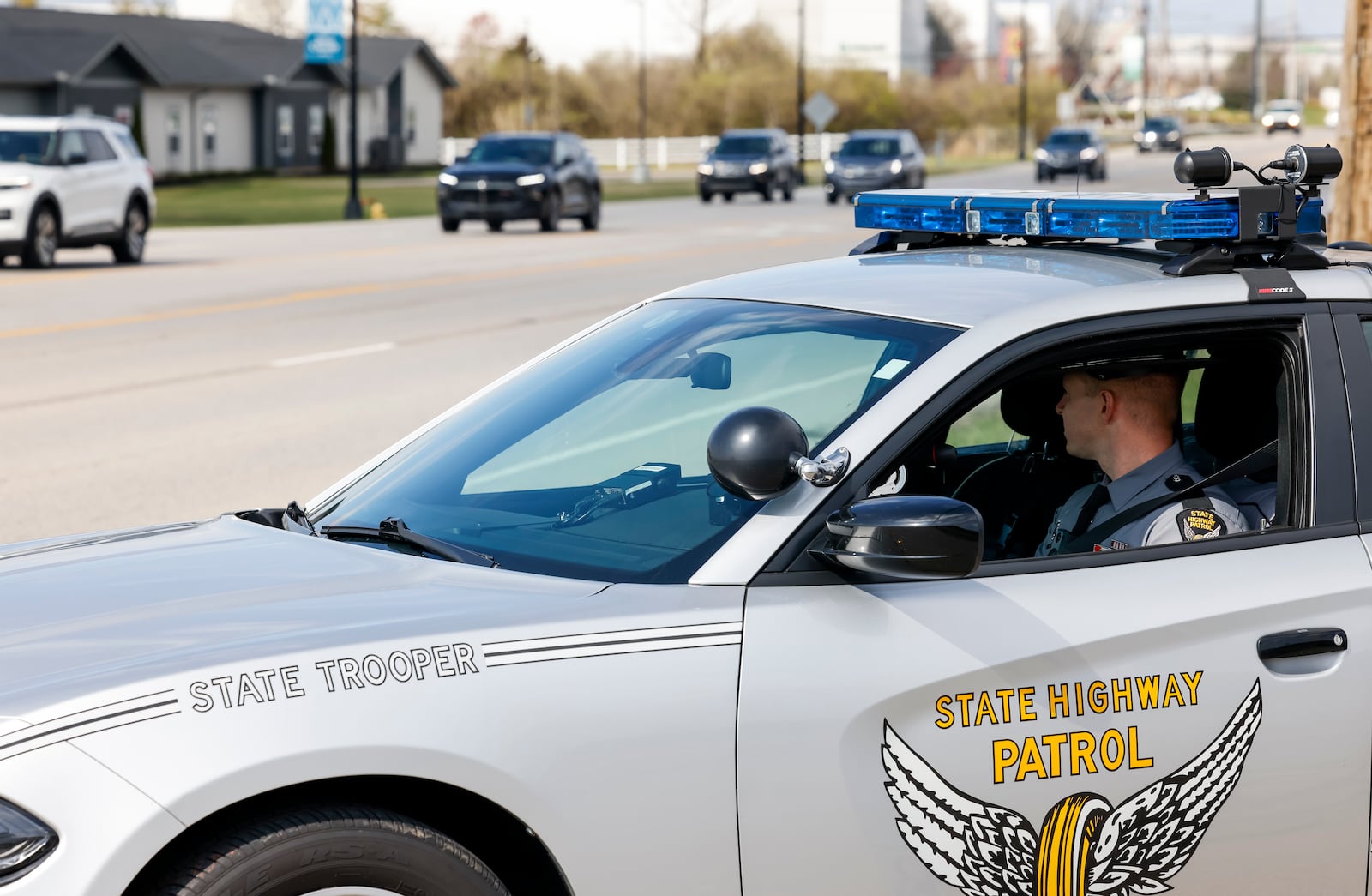 Ohio State Highway Patrol Sgt. Tyler Ross explained the new distracted driving law that goes into effect Tuesday, April 4, 2023. There will be a 6-month warning phase before troopers can start writing tickets for distracted driving as a main offense. NICK GRAHAM/STAFF