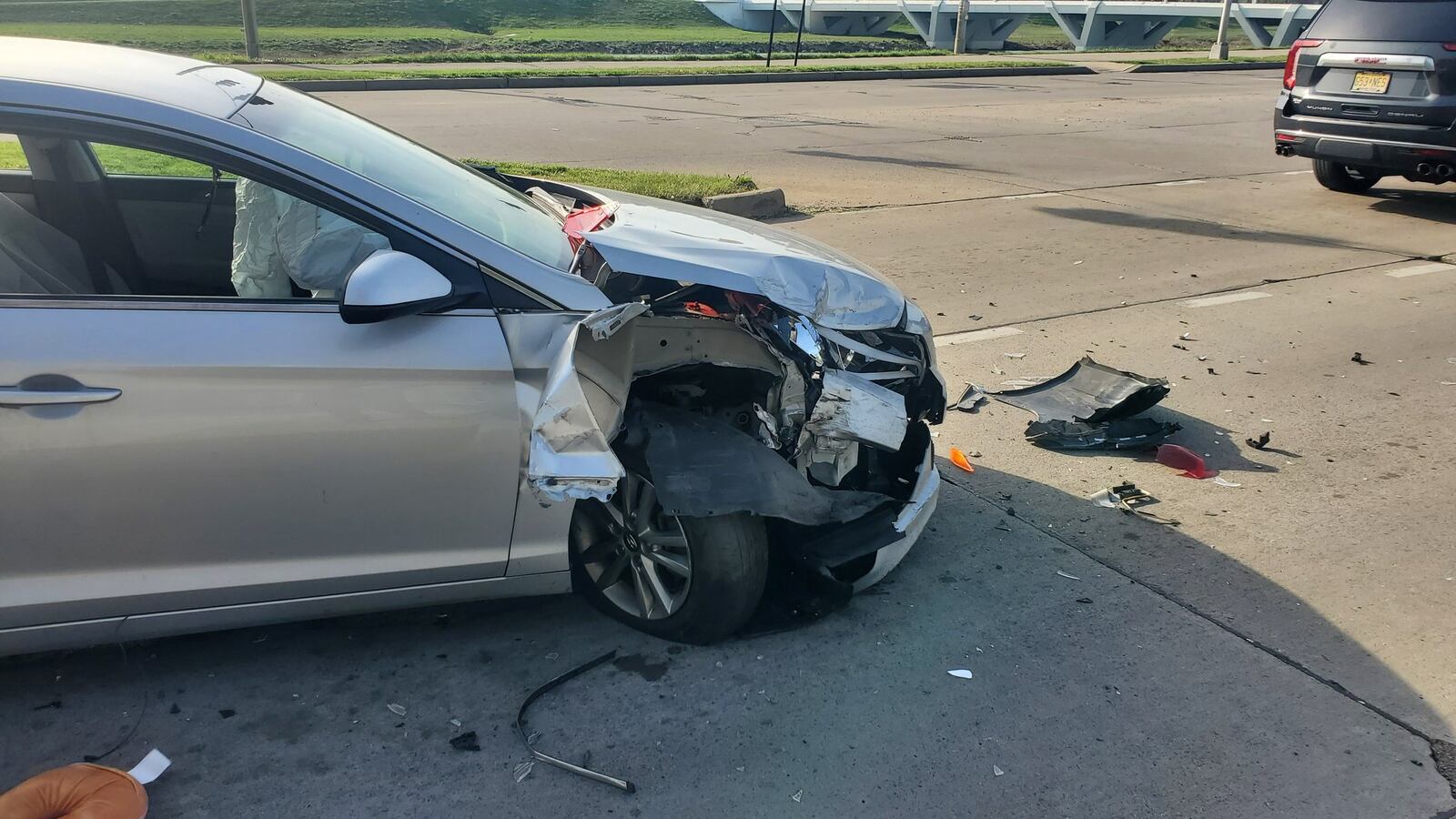 A stolen vehicle fled from Moraine police but later crashed near the intersection of Patterson Boulevard and River Park Road in Dayton | Photo courtesy of Dayton Police Department