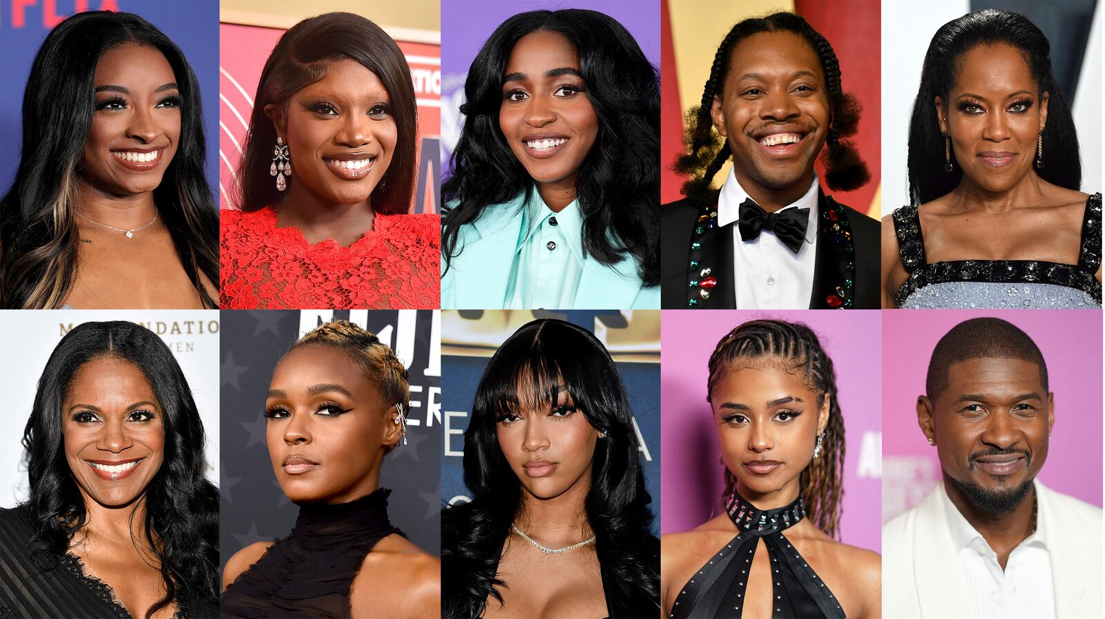 This combination of photos shows, top row from left, Simone Biles, Doechii, Ayo Edebiri, Jeremy O. Harris and Regina King, and bottom row from left, Audra McDonald, Janelle Monáe, Angel Reese, Tyla and Usher. (AP Photo)