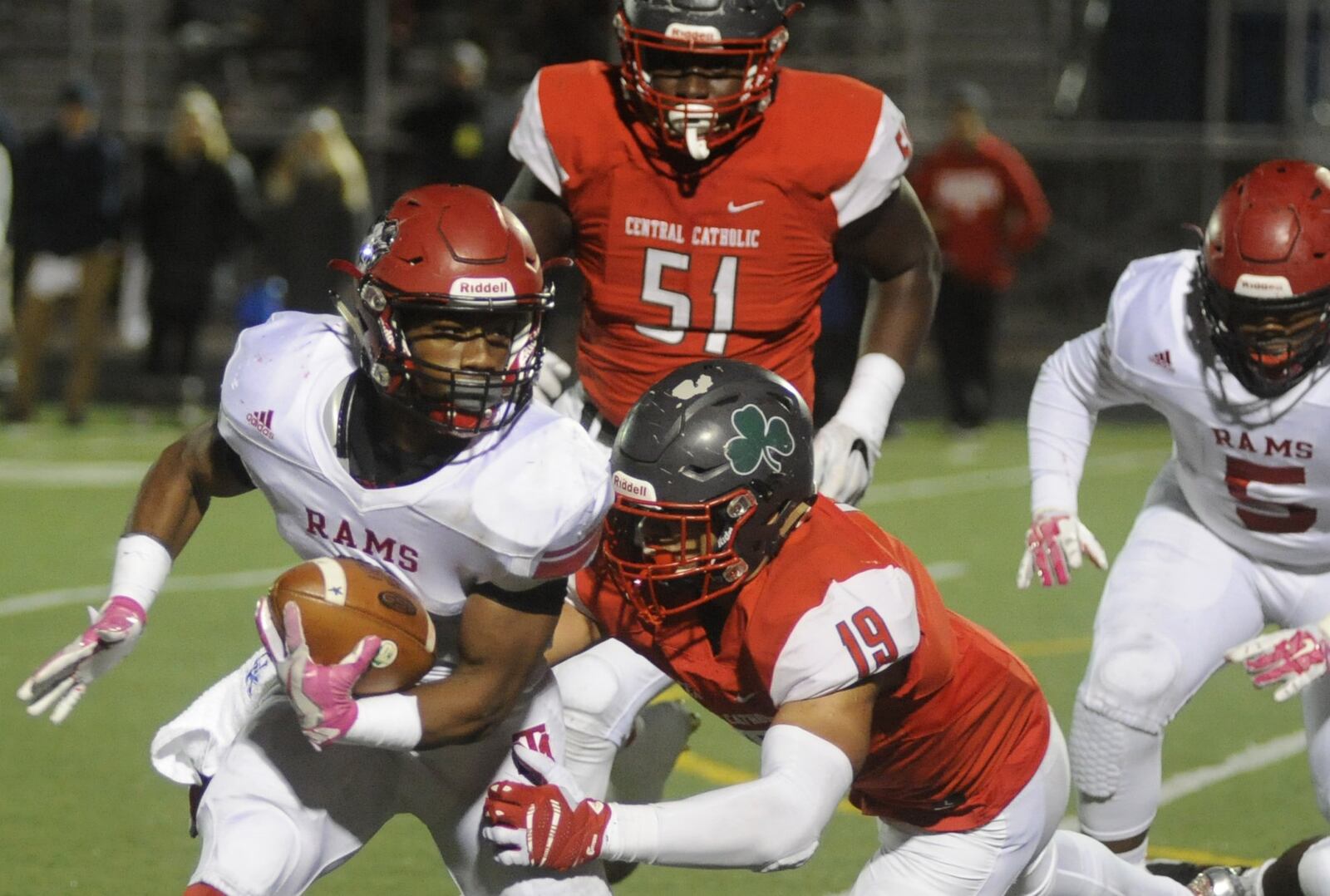 Trotwood’s Raveion Hargrove makes a short gain. Trotwood-Madison defeated Toledo Central Catholic 36-0 in a D-III high school football state semifinal at Lima on Saturday, Nov. 26, 2016. MARC PENDLETON / STAFF