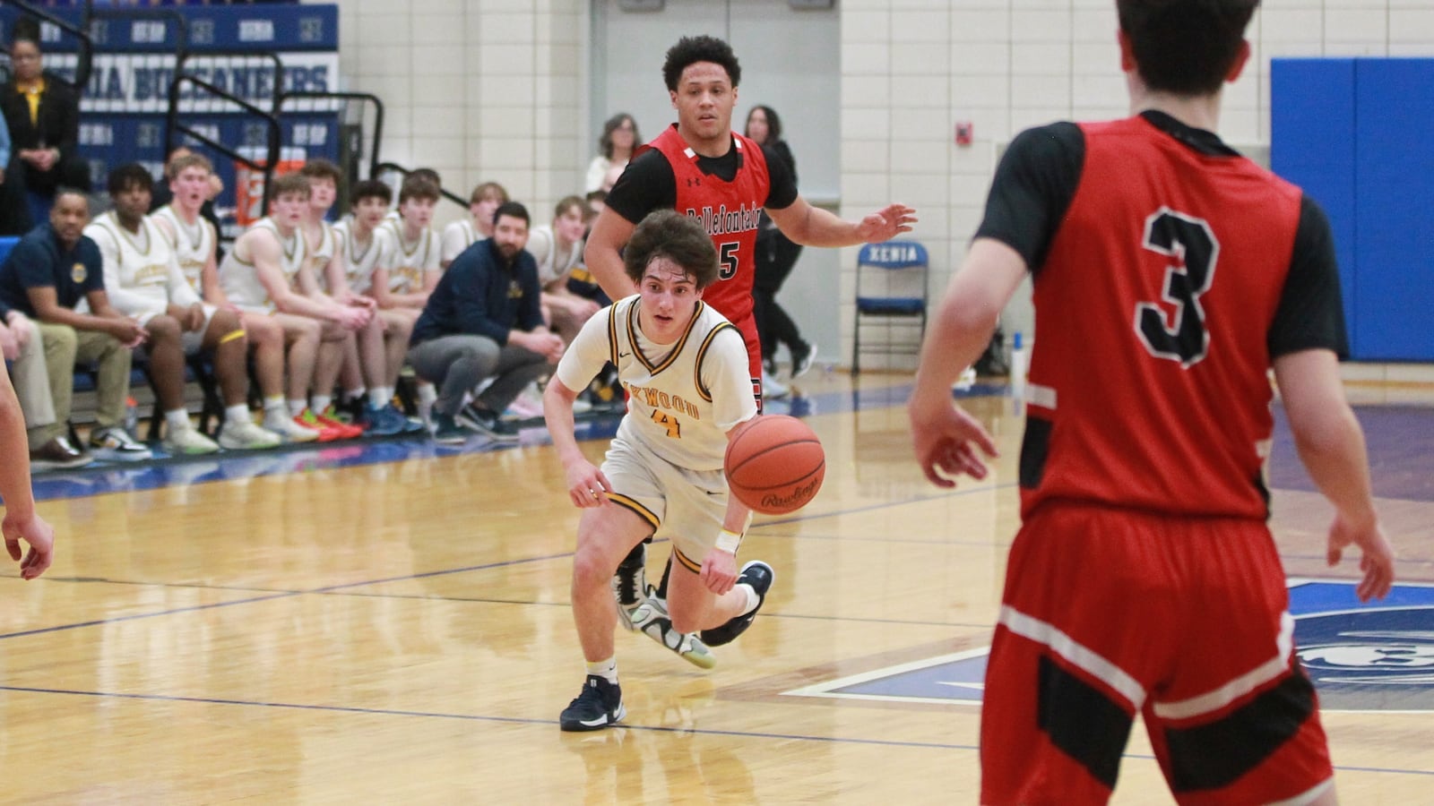 Luke Rubin drives to the basket in an Oakwood-Bellefontaine boys basketball district semifinal at Xenia on Feb. 26, 2025.