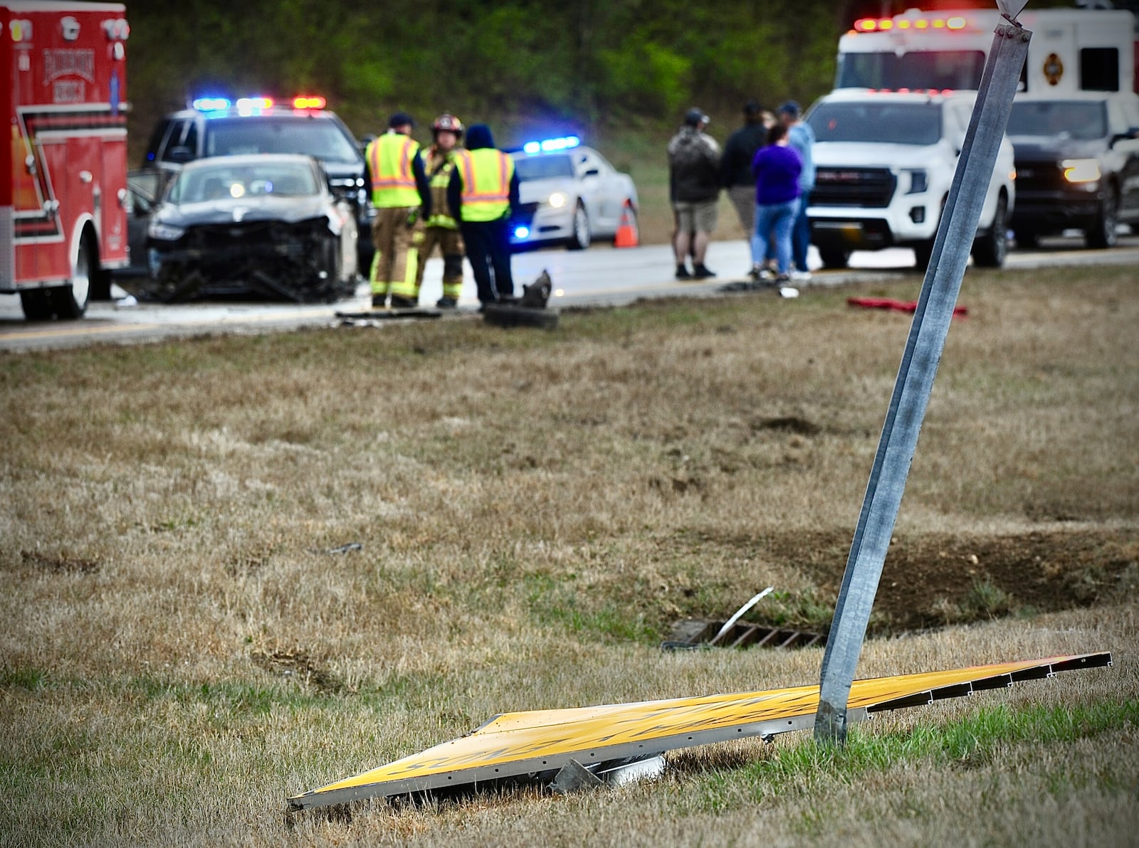 Fatal one car accident 675 southbound near I-70 in Greene County, Saturday, March 30, 2024. MARSHALL GORBY \STAFF