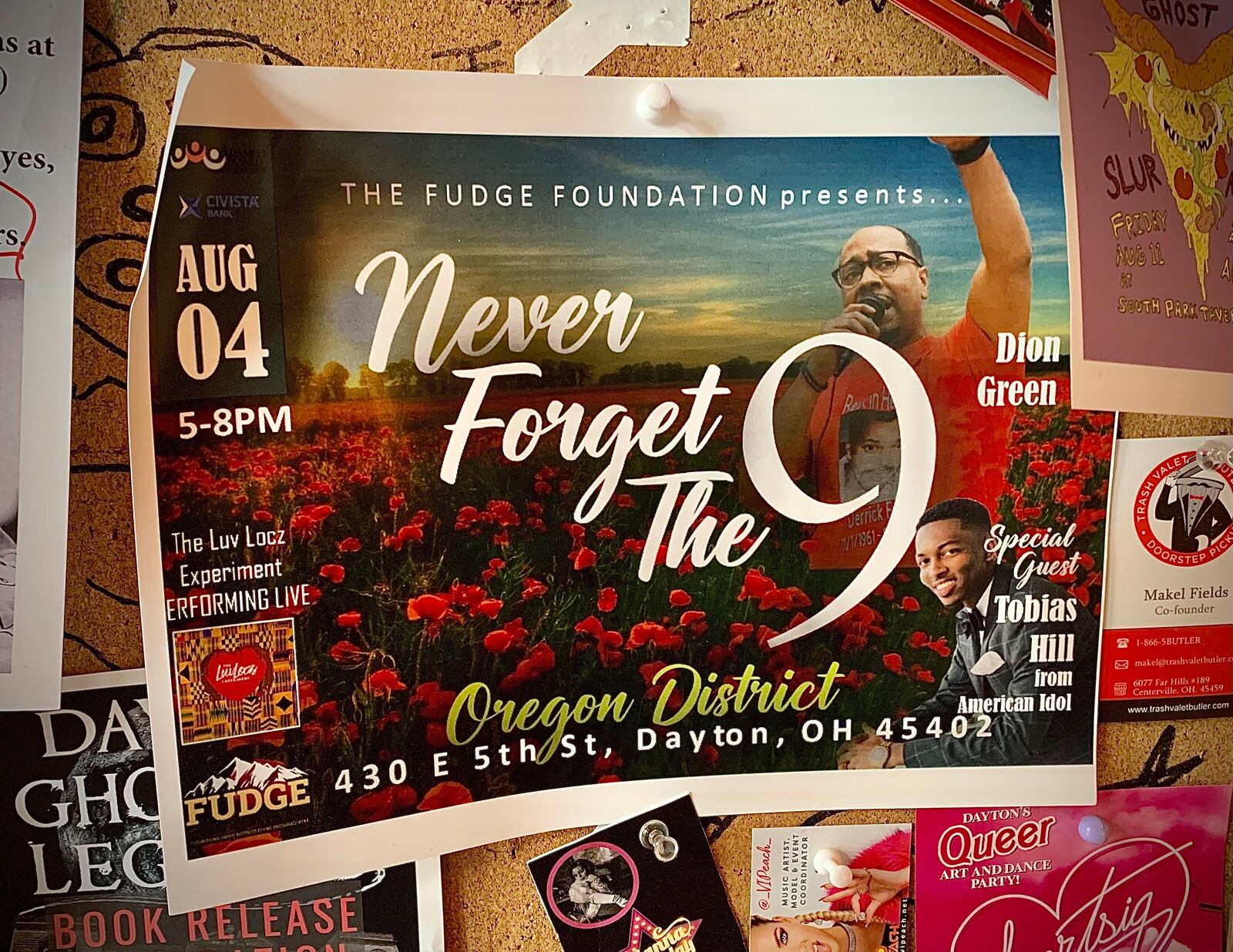 A flyer hangs in Blind Bob's to remind people that A Never Forget the 9 event will take place in the Oregon District at 430 E. 5th Street, Friday, Aug 4, 2023. MARSHALL GORBY\STAFF