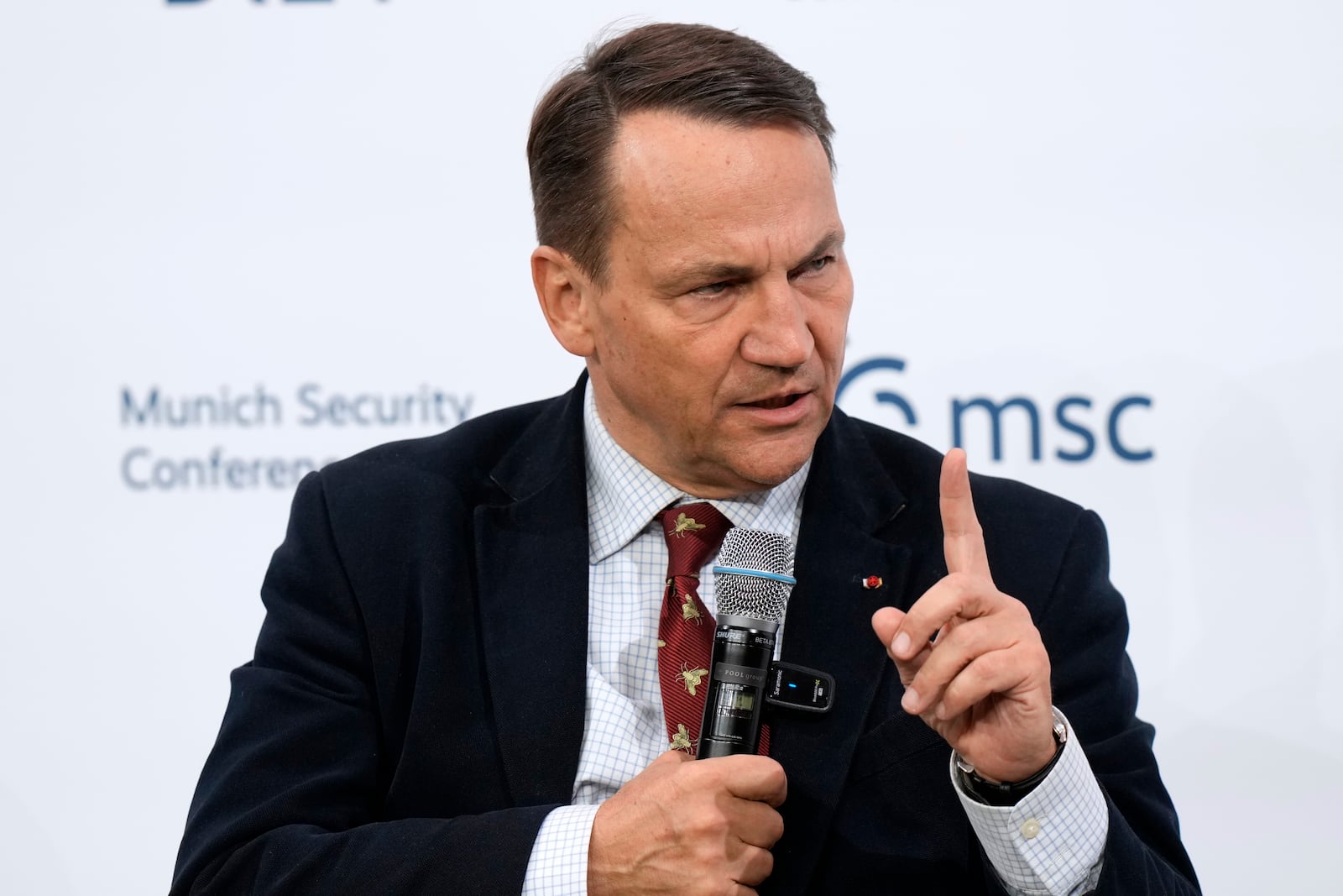 Poland's Foreign Minister Radoslaw Sikorski speaks at a panel discussion during the Munich Security Conference at the Bayerischer Hof Hotel in Munich, Germany, Saturday, Feb. 15, 2025. (AP Photo/Matthias Schrader)