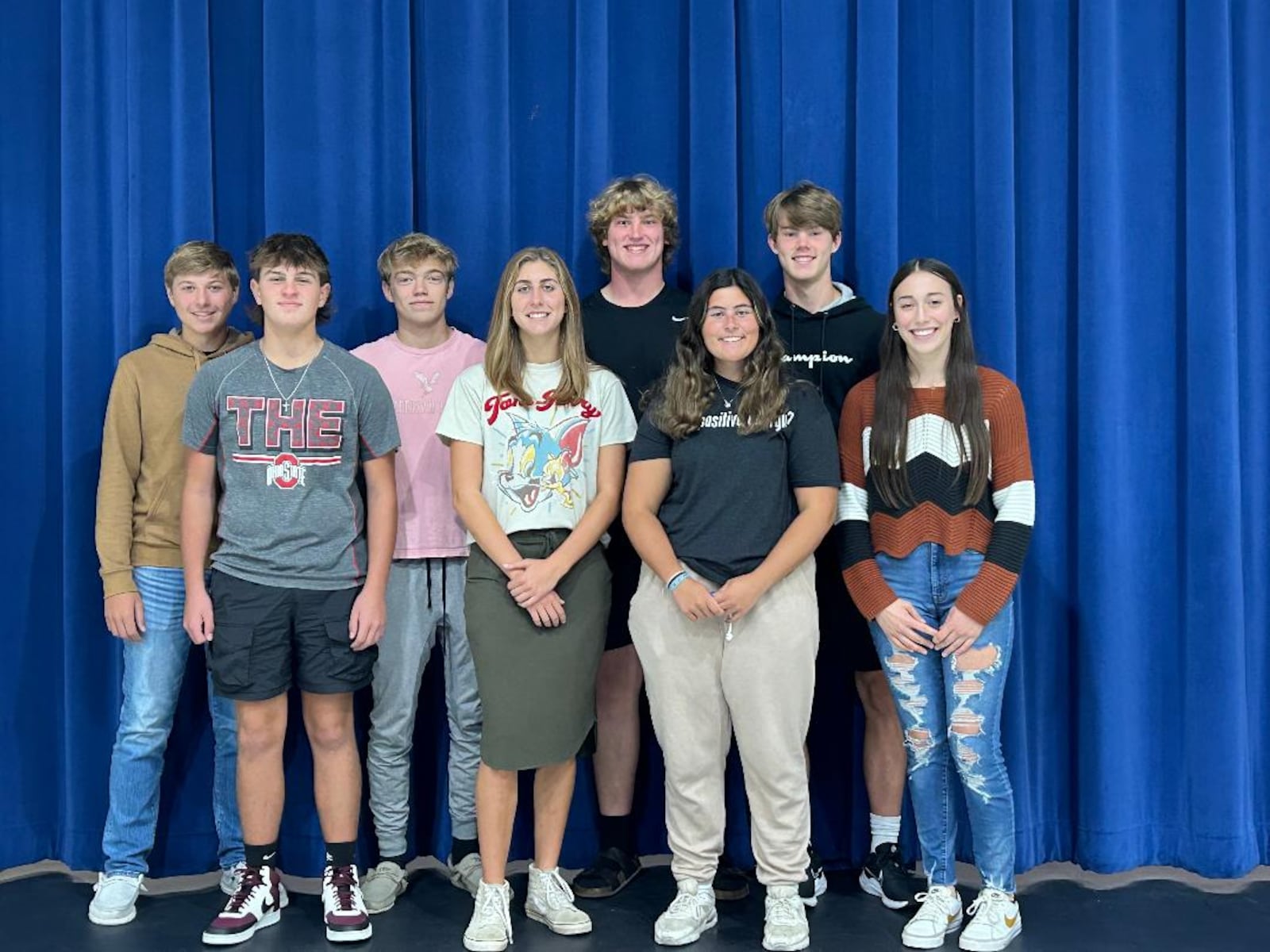 Eight Miami East High School Symphonic Choir students have been selected to perform with the 2025 OMEA All-State Choir. From left to right back row: first tenor, sophomore Caleb Brubaker, second bass, senior Tristan Rowley, first tenor, senior Vincent Crane and second bass, freshman Nolan Crane. From left to right front row: second bass, freshman Hunter Thomas, second alto, junior Alyssa Sink, first tenor, senior Allison Rose; and second alto, freshman Brianna Williams. CONTRIBUTED