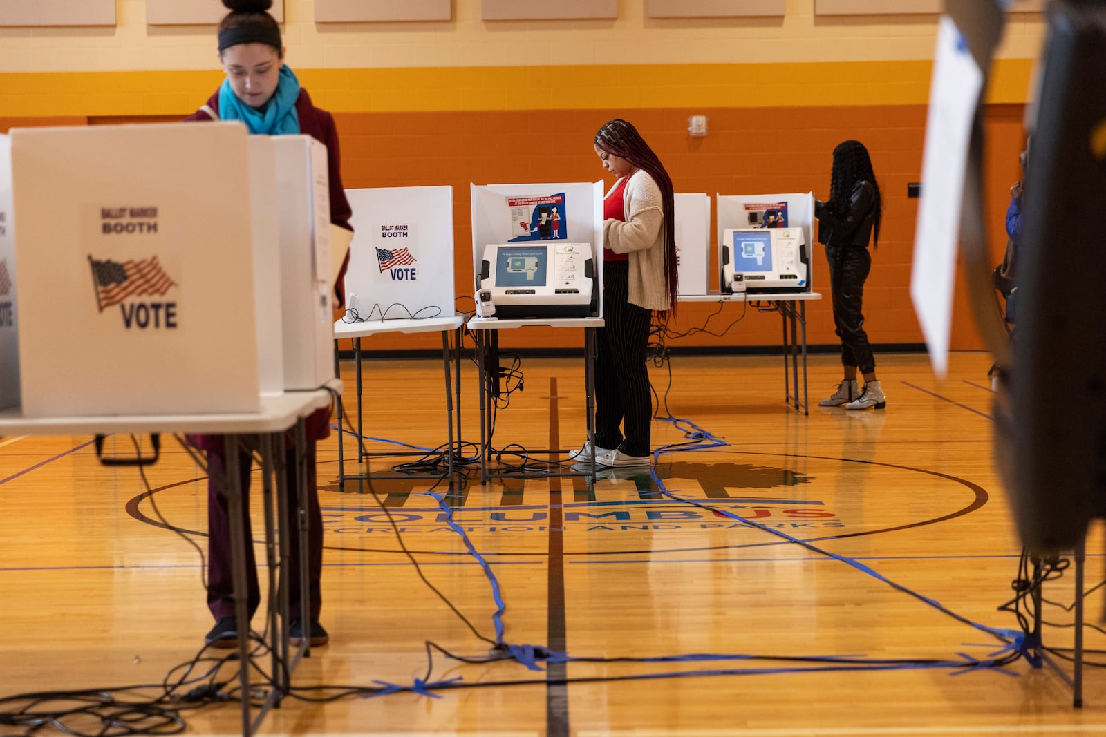 
                        Voters cast their ballots on primary election day at the Driving Park Recreation Center in Columbus, Ohio, March 19, 2024. Ohio will likely go for Donald Trump this November. Brown, the last Democrat still holding statewide office there, will need to defy the gravity of the presidential contest to win a fourth term. (Maddie McGarvey/The New York Times)
                      