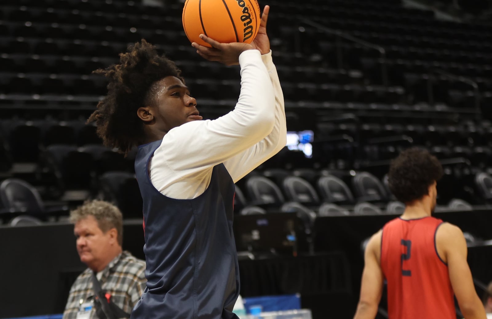 Dayton's Marvell Allen shoots during practice for the NCAA tournament at the Delta Center in Salt Lake City, Utah, on Wednesday, March 20, 2024. David Jablonski/Staff