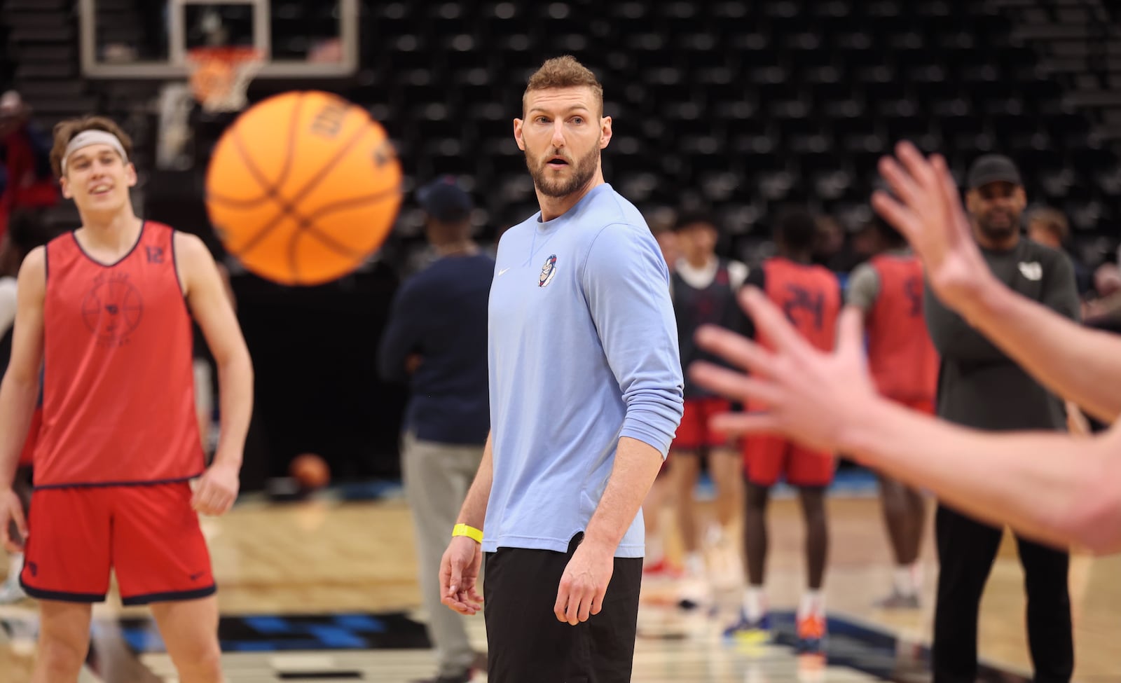 Dayton's Sean Damaska coaches during a practice for the NCAA tournament at the Delta Center in Salt Lake City, Utah, on Wednesday, March 20, 2024. David Jablonski/Staff