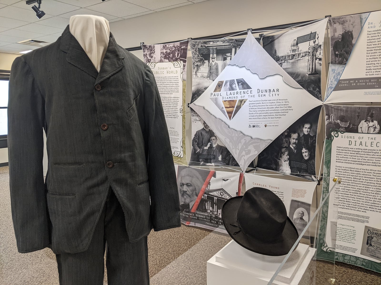 The new “Paul Laurence Dunbar: Diamond of the Gem City” exhibit opened June 3 at the Paul Laurence Dunbar House in Dayton. This cutaway suit, pants and fedora from the Ohio History Connection collection belonged to Dunbar. Popular in 1890s men’s fashion, Dunbar was often photographed wearing suits, his head tilted, and expression subdued. CONTRIBUTED/NATIONAL AFRO-AMERICAN MUSEUM AND CULTURAL CENTER