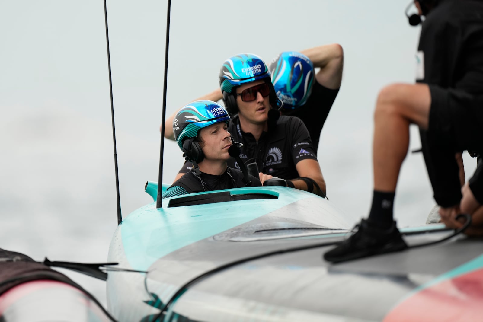 Emirates Team New Zealand crew prepares for the Louis Vuitton 37th America's Cup race in Barcelona, Spain, Saturday, Oct. 12, 2024. (AP Photo/Bernat Armangue)