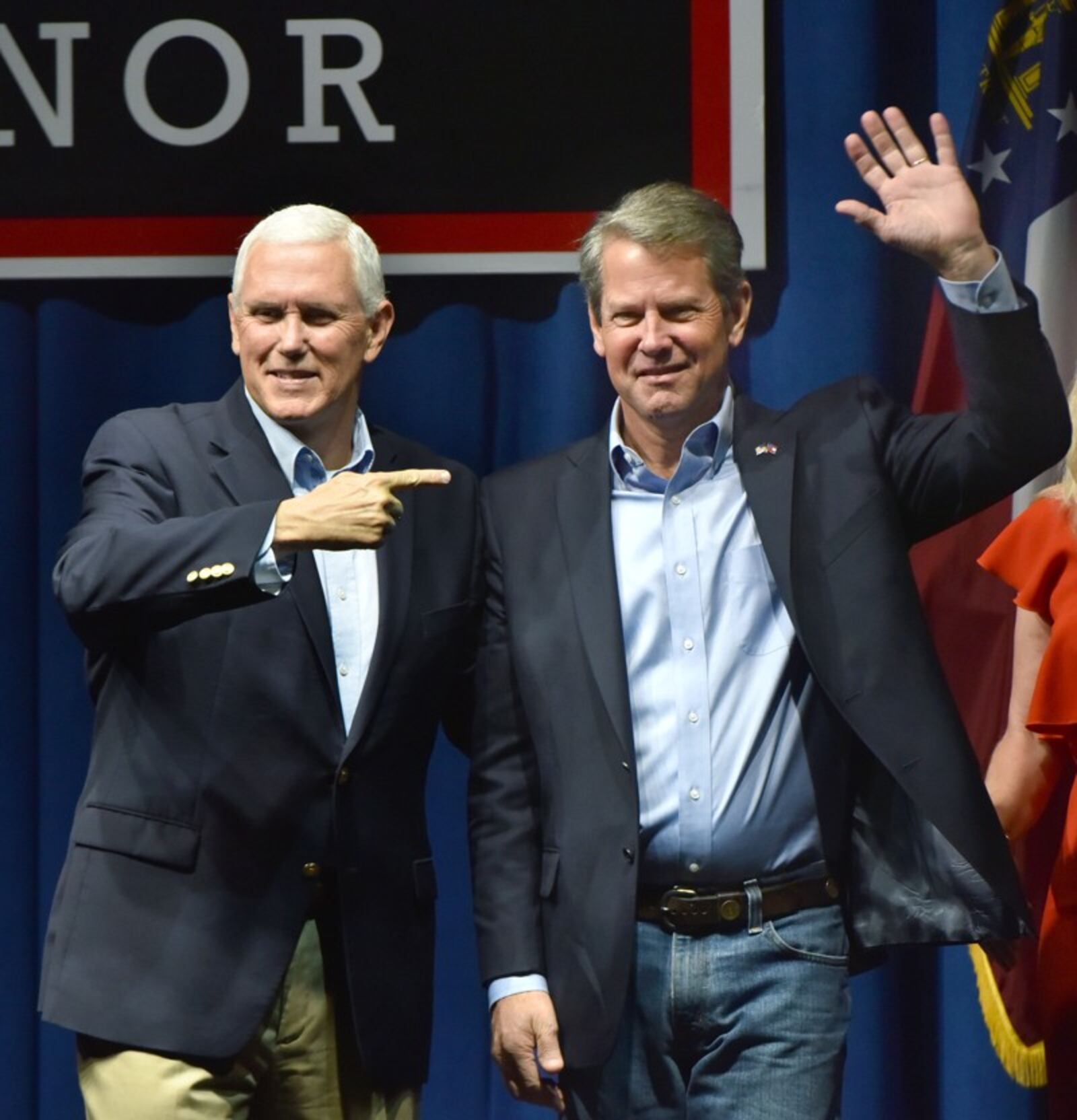  Vice President Mike Pence campaigns with GOP gubernatorial candidate Brian Kemp, who is waving to supporters at the Dalton Convention Center in Dalton, Georgia, on Thursday, November 1, 2018. 