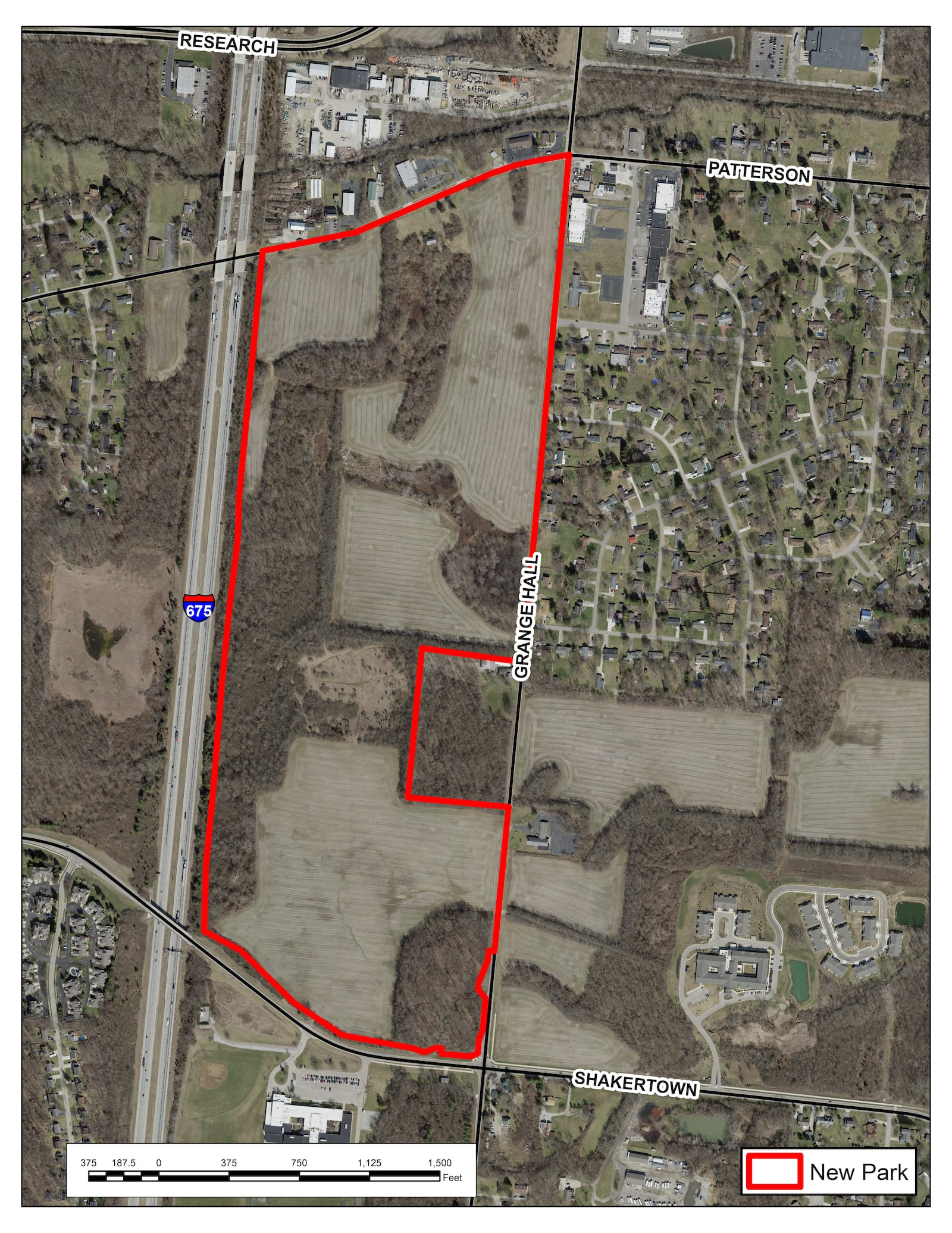 A map of the proposed park space, alongside Grange Hall between Patterson and Shakertown Roads.