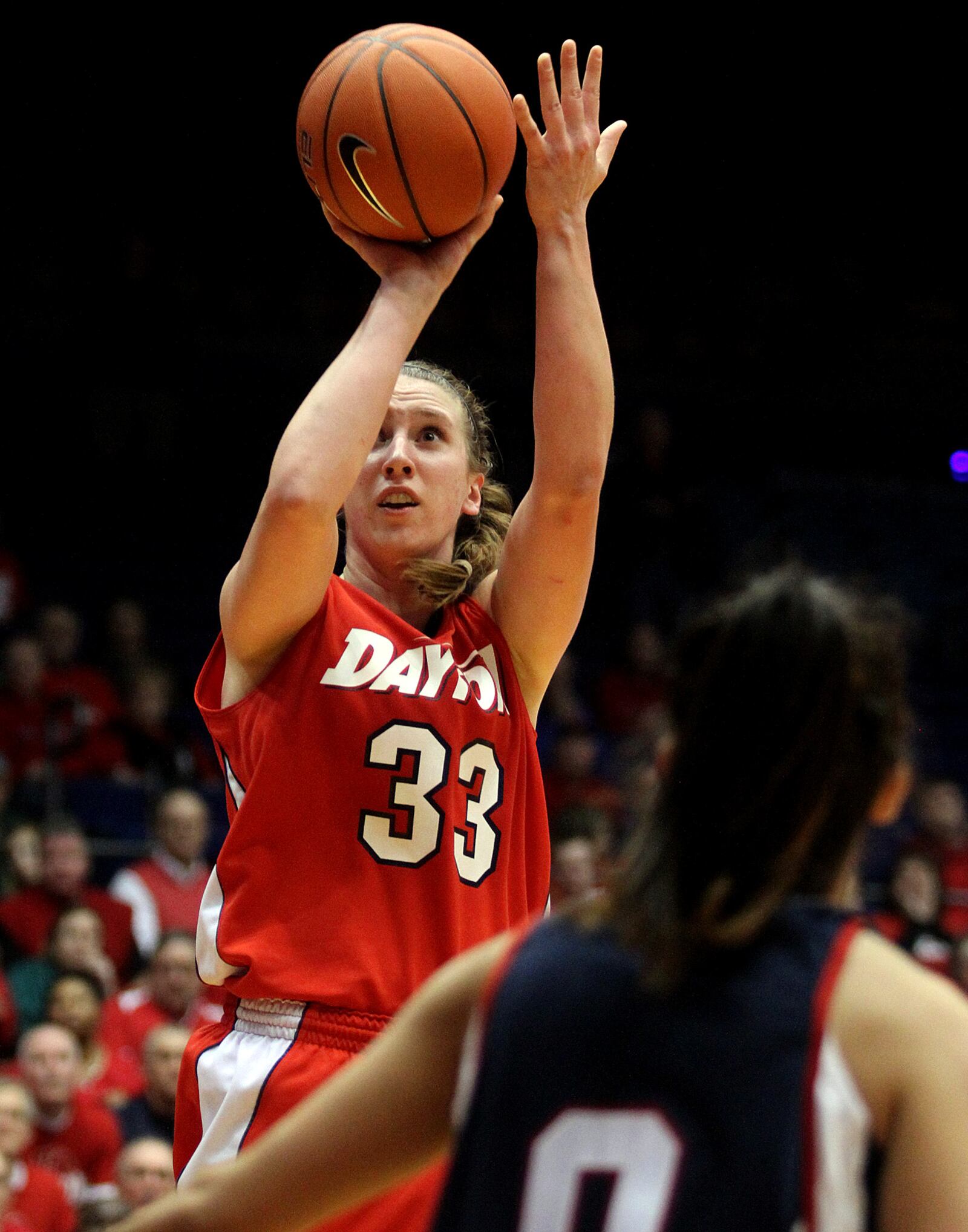 Dayton center Cassie Sant shoots against Duquesne during their game at UD Arena in Dayton Monday, Feb. 18, 2013. CONTRIBUTED PHOTO BY E.L. HUBBARD