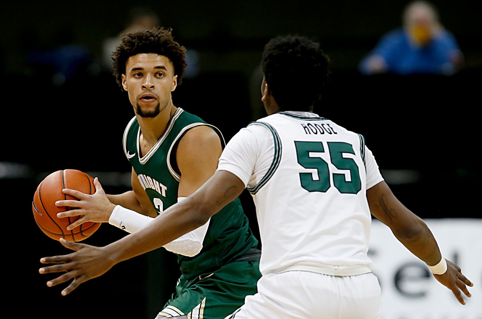 Wright State guard Tanner Holden is covered by Cleveland State guard D’Moi Hodge during a Horizon League game at the Nutter Center in Fairborn Jan. 16, 2021. Wright State won 85-49. Contributed photo by E.L. Hubbard