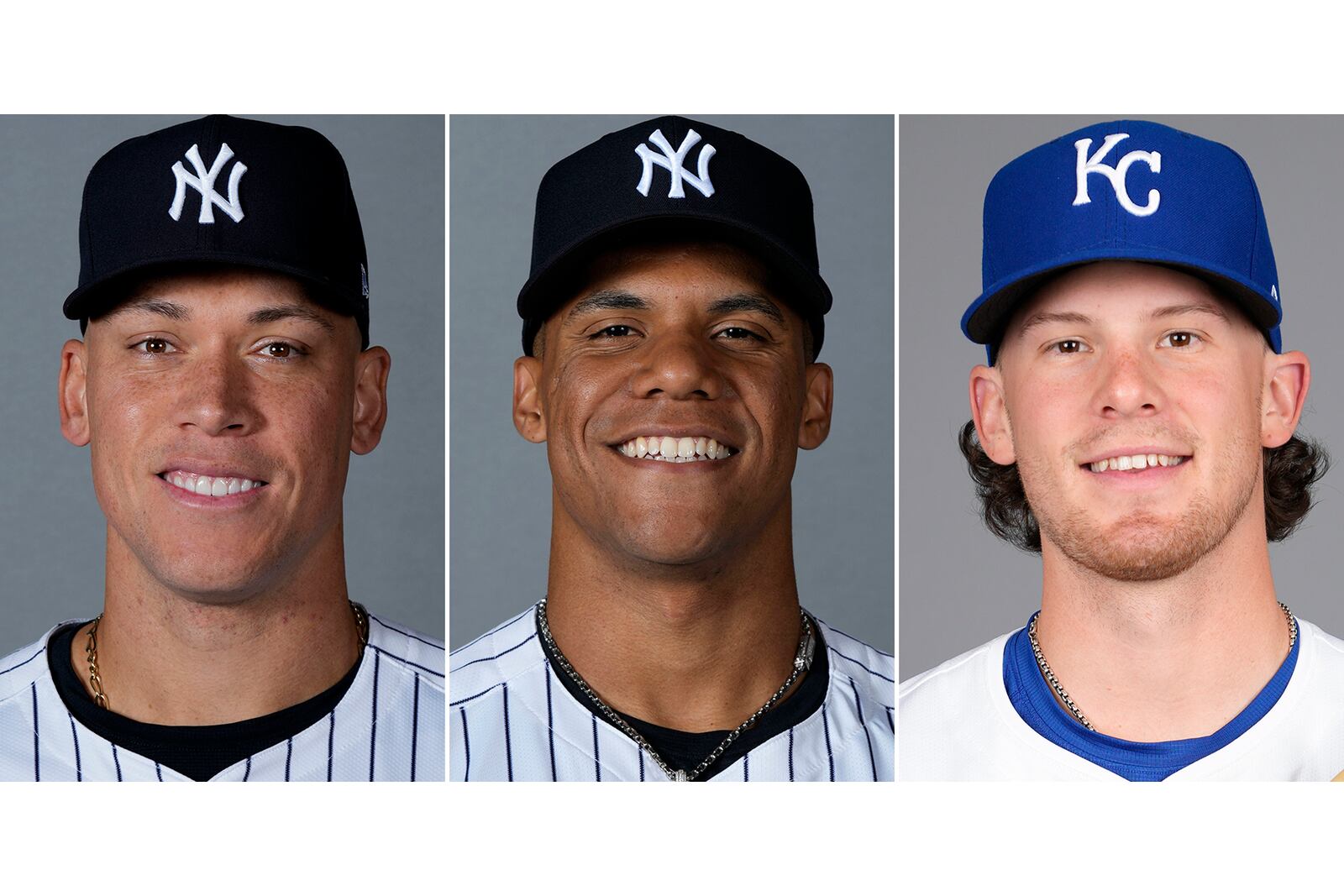 FILE - From left are baseball players, New York Yankees' Aaron Judge, New York Yankees ' Juan Soto and Kansas City Royals' Bobby Witt Jr., in 2024. (AP Photo/File)