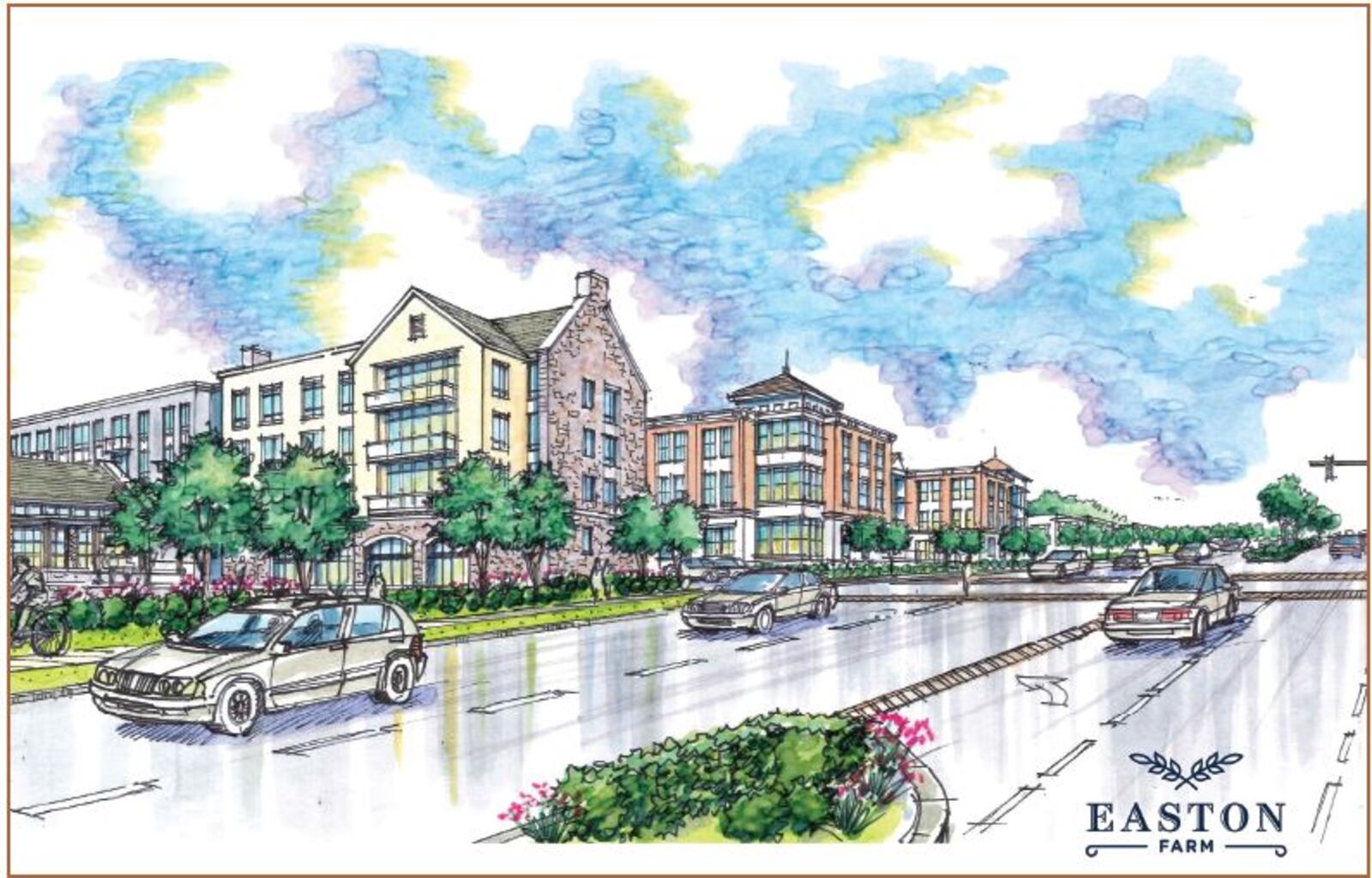 An artist's rendition of the proposed mixed-use development envisioned for the historic Easton Farm in Springboro. CONTRIBUTED/DILLIN LLC and BORROR