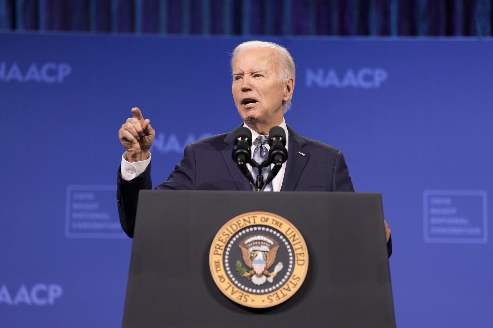 
                        President Joe Biden delivers remarks at the NAACP National Convention in Las Vegas, on Tuesday, July 16, 2024. The president plans to address core issues like the economy and housing costs as he courts Black and Hispanic voters in Nevada. (Eric Lee/The New York Times)
                      