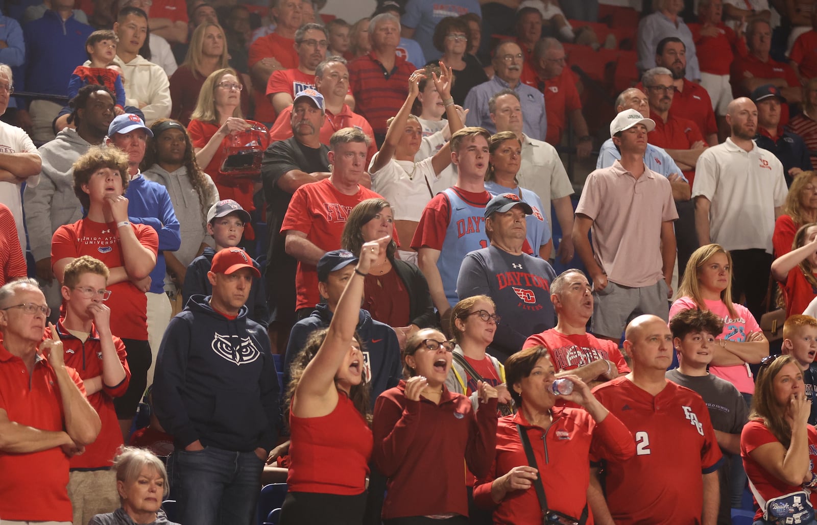 Dayton fans cheer during a game against Florida Atlantic in the first round of the NIT on Wednesday, March 19, 2025, at Baldwin Arena in Boca Raton, Fla. David Jablonski/Staff