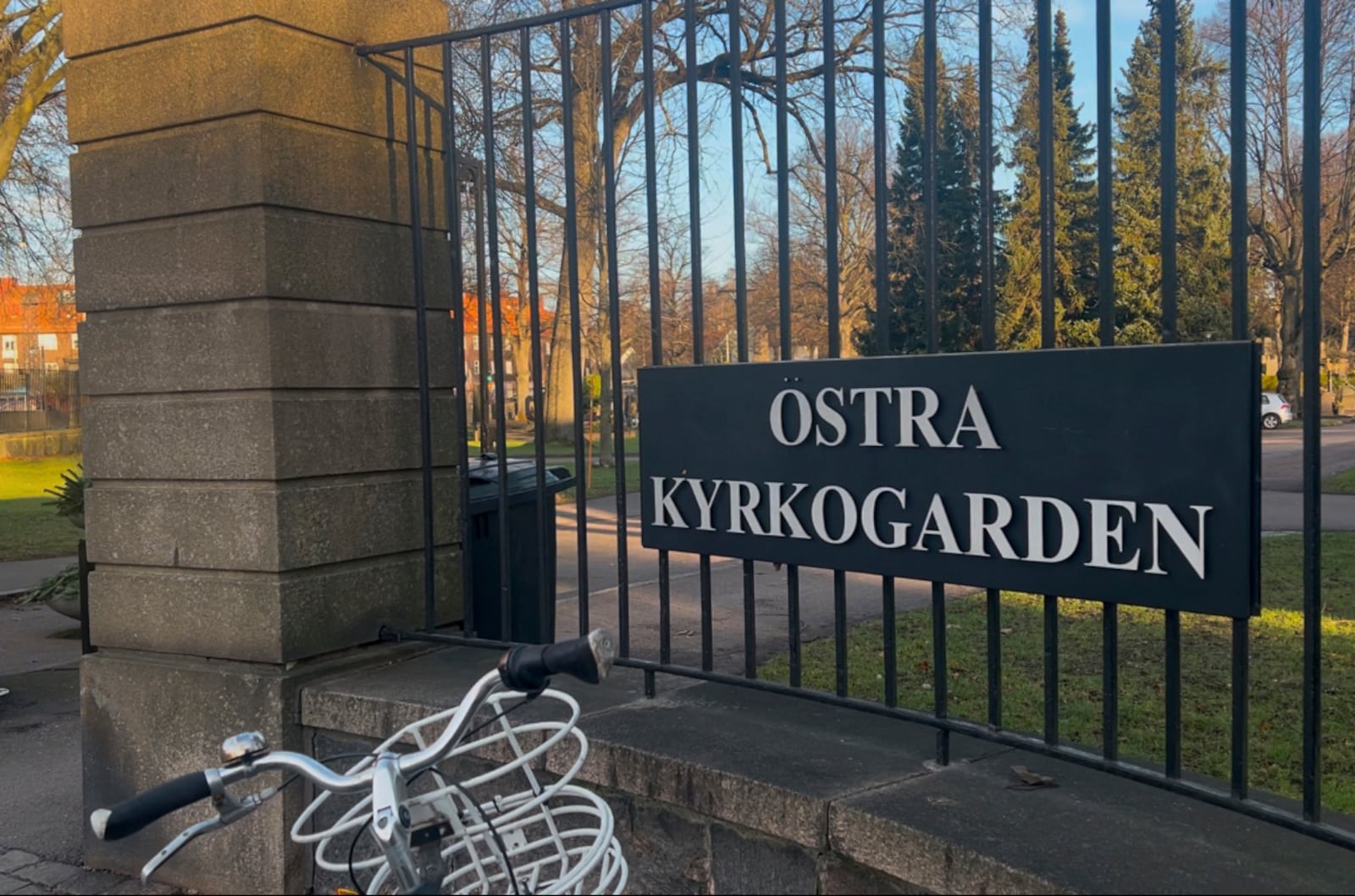 A view of the entrance sign at Östra Kyrkogården, one of the largest cemeteries in Gothenburg, Sweden, Friday, Dec. 20, 2024. (AP Photo/Mimmi Montgomery)