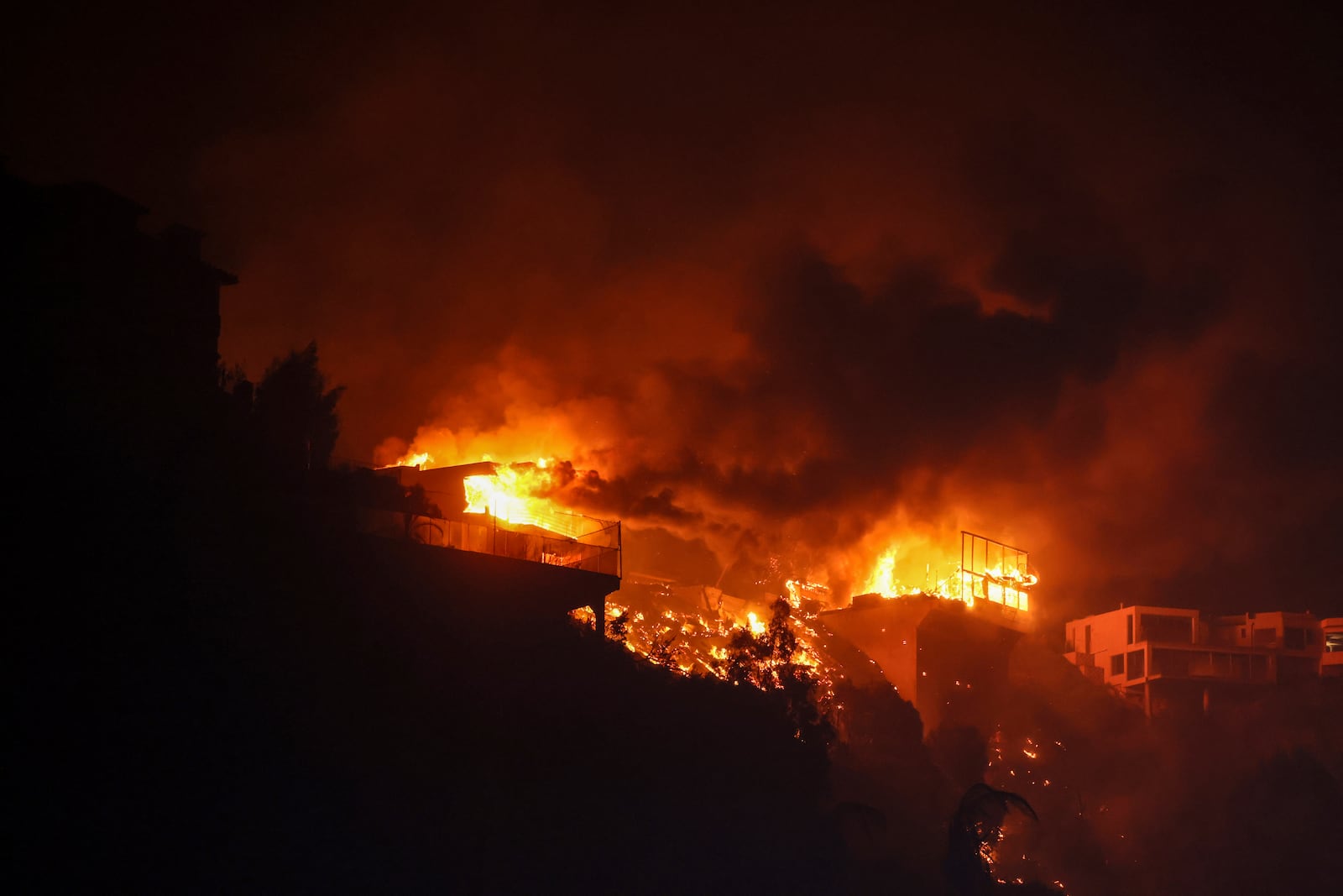 The Palisades Fire burns houses in the hill next to the Getty Villa Wednesday, Jan. 8, 2025 in Pacific Palisades, Calif. (AP Photo/Etienne Laurent)