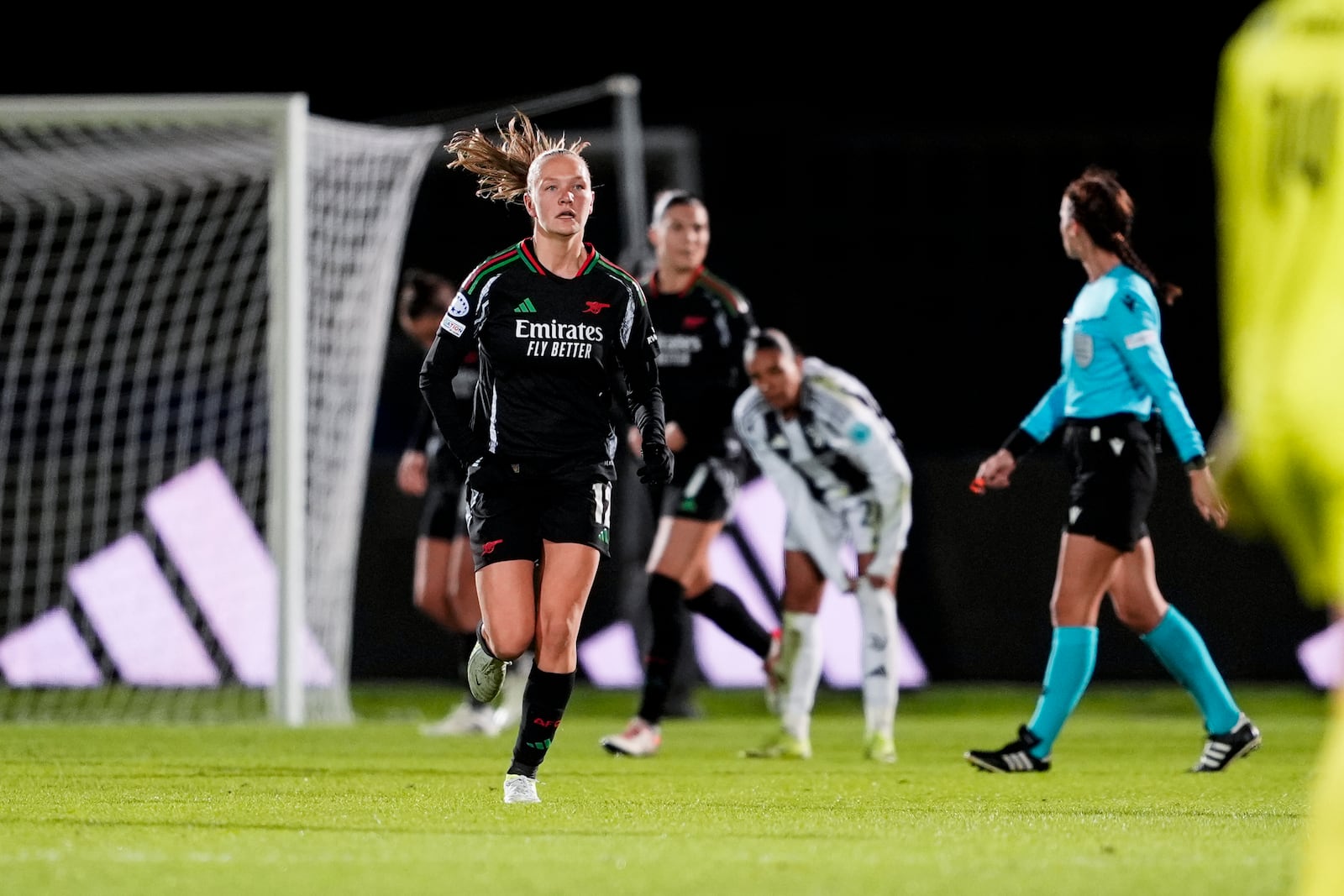 Arsenal's Frida Leonhardsen Maanum celebrates after scoring during the women's Champions League soccer match between Juventus and Arsenal at the Vittorio Pozzo La Marmora Stadium in Biella, Italy, Tuesday, Nov. 12, 2024. (Fabio Ferrari/LaPresse via AP)