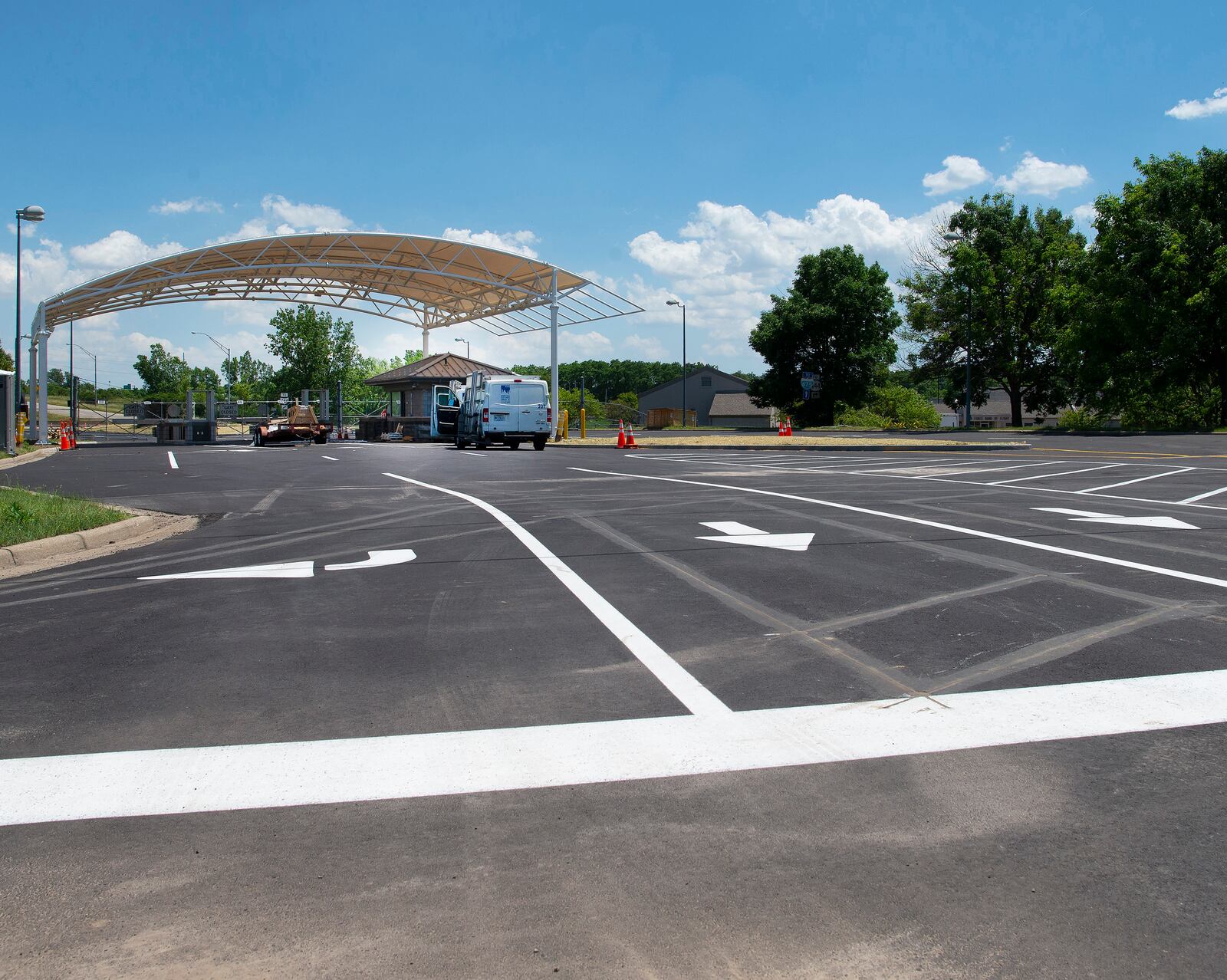 Freshly painted lanes are seen June 14 on the inbound lanes of Gate 15A at Wright-Patterson Air Force Base in preparation of its reopening June 21. U.S. AIR FORCE PHOTO/R.J. ORIEZ