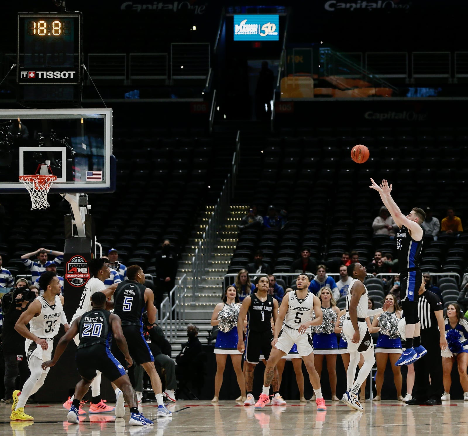 Gibson Jimerson, of Saint Louis, makes a go-ahead jump shot against St. Bonaventure with 17 seconds to play in the Atlantic 10 Conference tournament quarterfinals on Friday, March 11, 2022, at Capital One Arena in Washington, D.C. David Jablonski/Staff