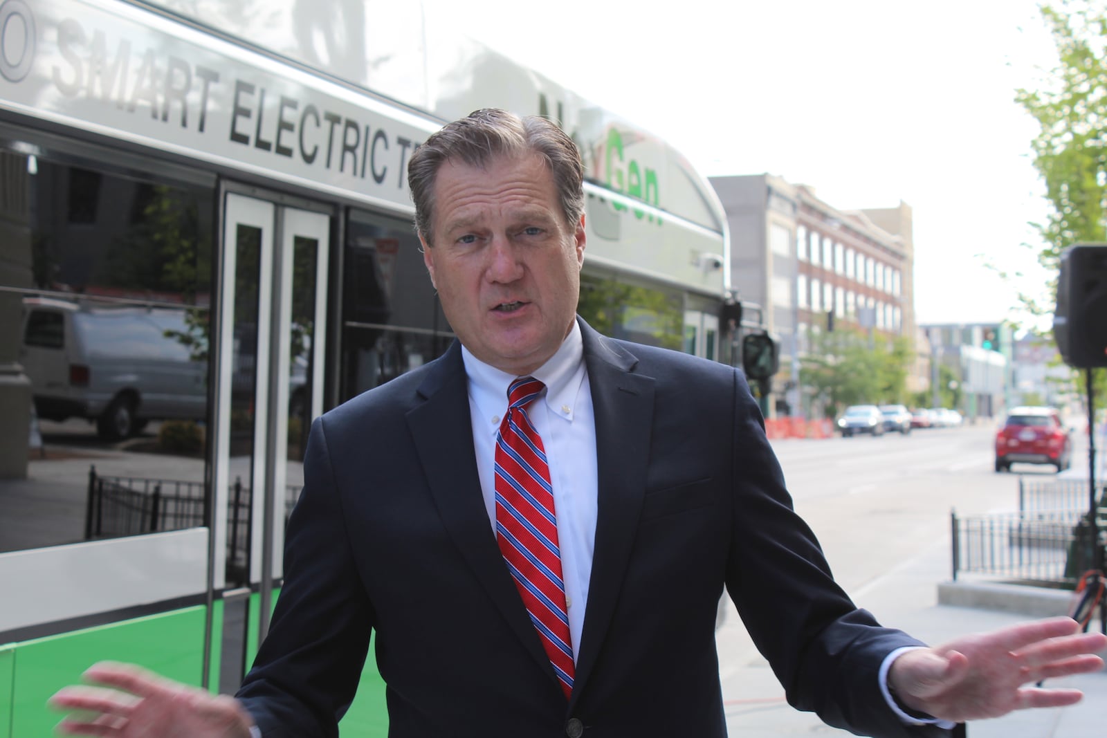 U.S. Rep. Mike Turner, R-Dayton, on Thursday, Aug. 13, 2020, discusses $4.3 million grant to help replace Greater Dayton RTA buses. CORNELIUS FROLIK / STAFF