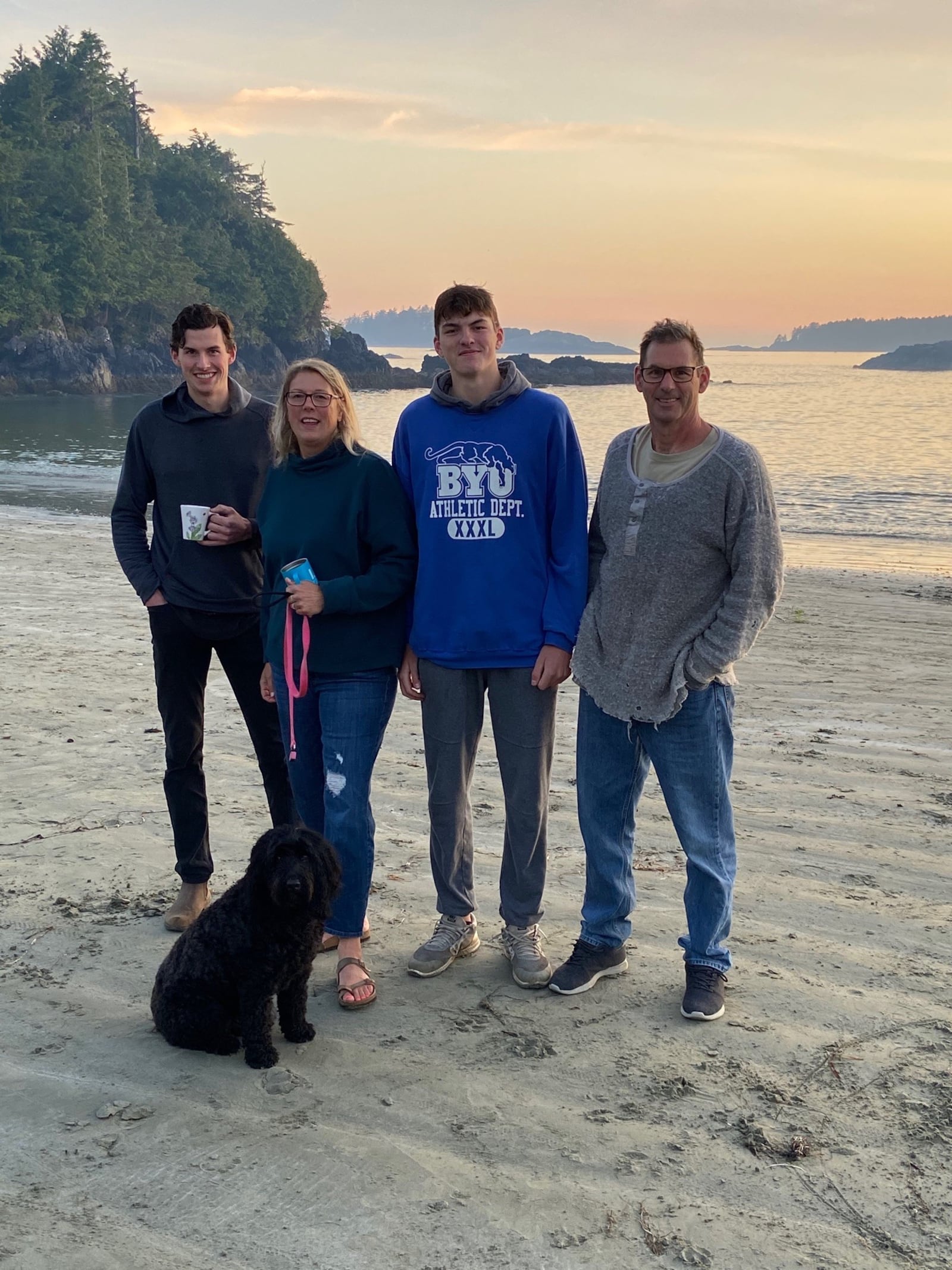 The Jack family on one of their annual camping trips with their dog Olive in Tofino on Vancouver Island, (left to right) oldest son Ethan, Anna (mom), Isaac, Al (dad). CONTRIBUTED