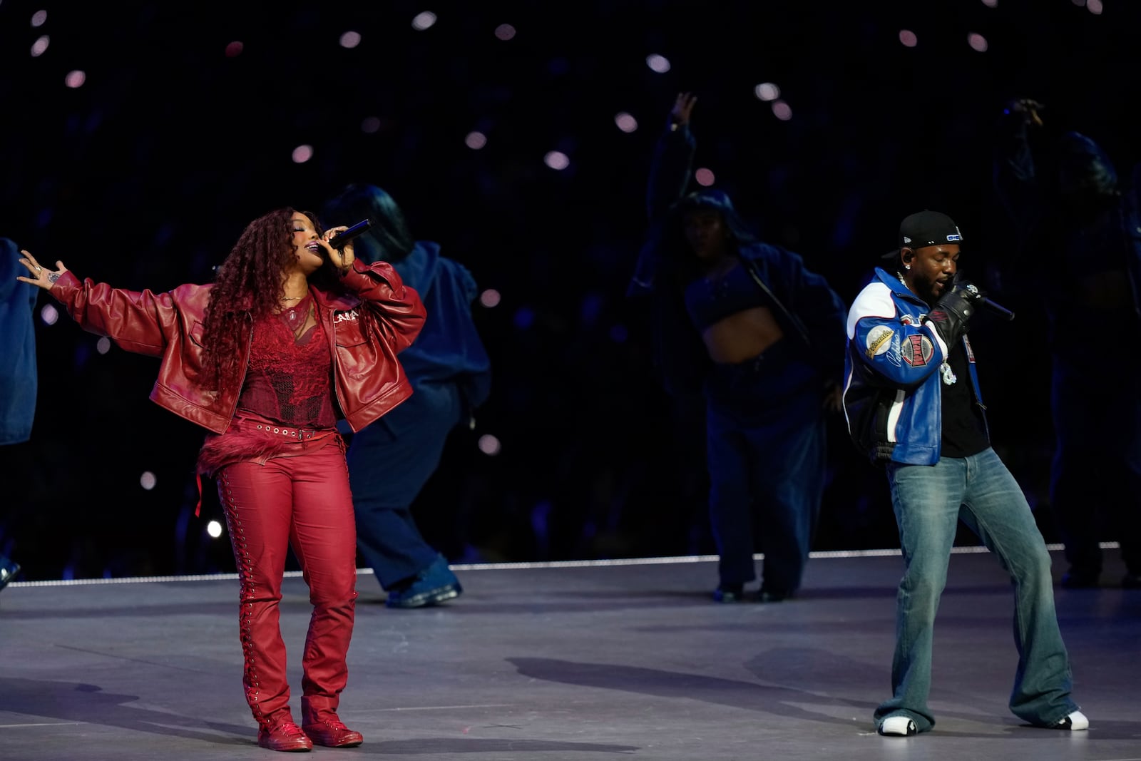 Kendrick Lamar and SZA perform during halftime of the NFL Super Bowl 59 football game between the Kansas City Chiefs and the Philadelphia Eagles, Sunday, Feb. 9, 2025, in New Orleans. (AP Photo/Matt Slocum)