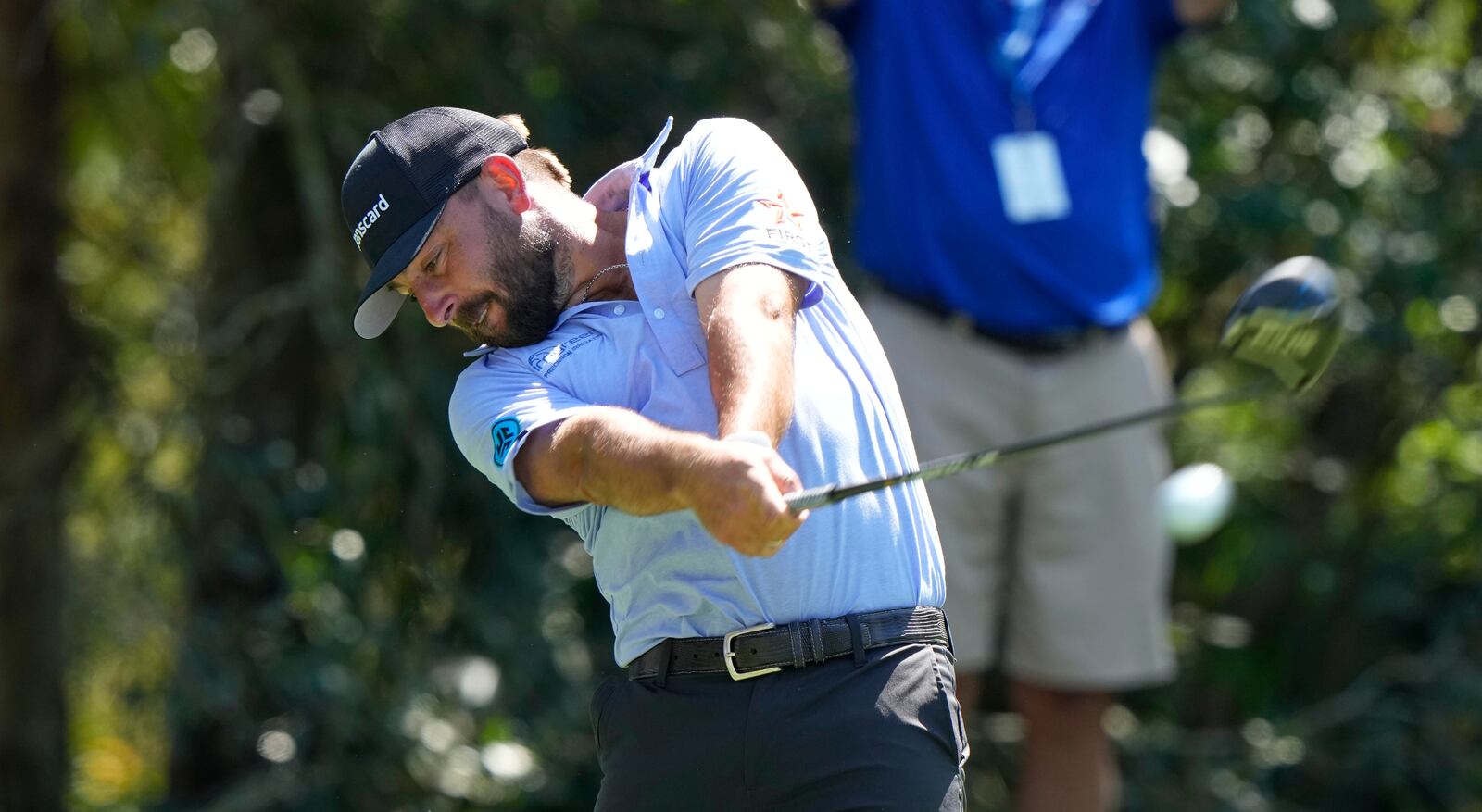 Stephan Jaeger hits his tee shot on the 15th hole during the first round of The Players Championship golf tournament Thursday, March 13, 2025, in Ponte Vedra Beach, Fla. (AP Photo/Chris O'Meara)