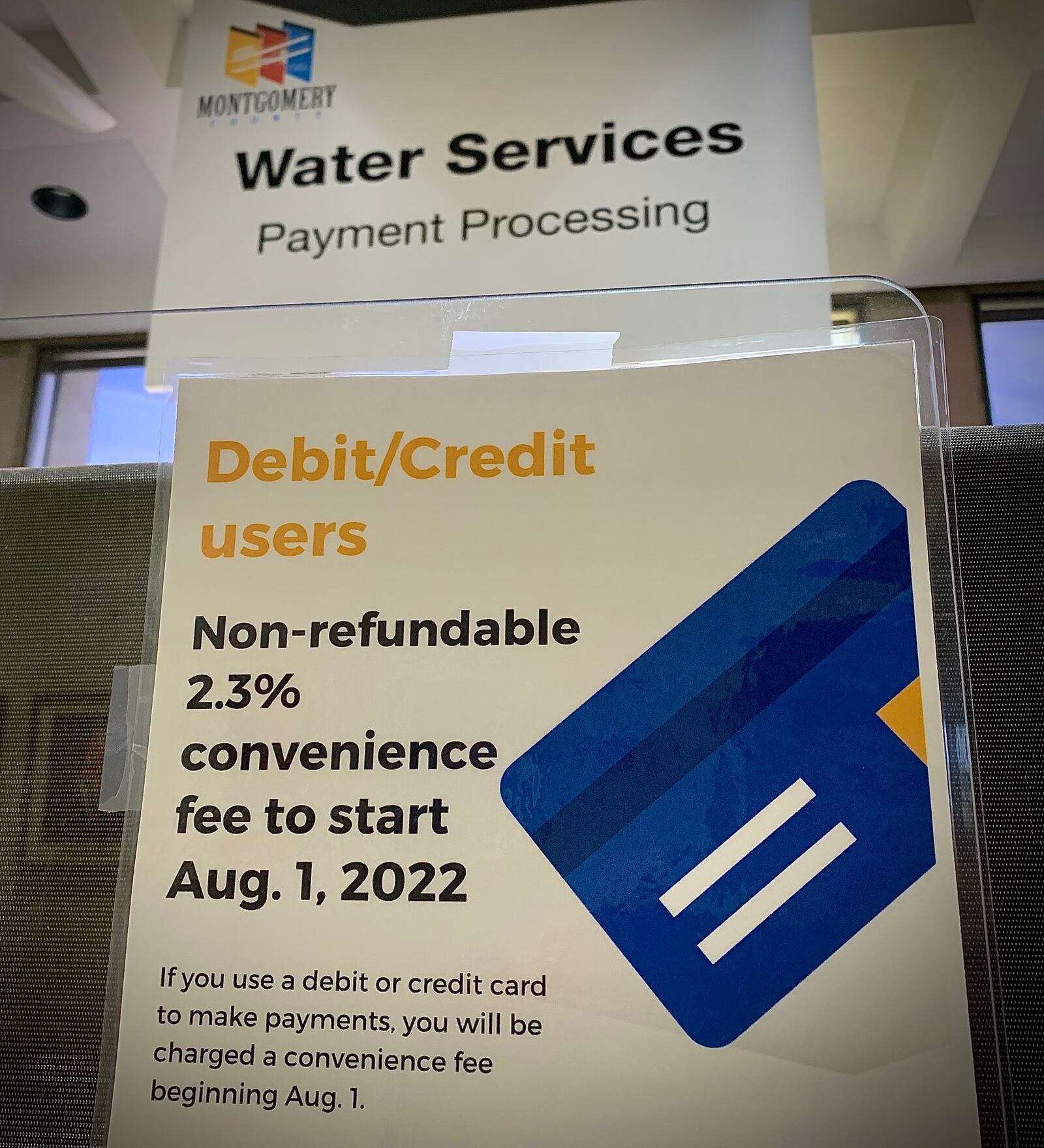 The Montgomery County Environmental Services will charge water and sewer customers a 2.3% convenience fee starting in August if they use a debit or credit card for payment. MARSHALL GORBY\STAFF