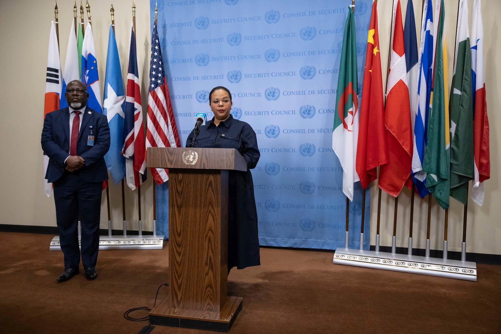 Democratic Republic of the Congo's State Minister, Minister of Foreign Affairs, International Cooperation and Francophonie Thérèse Kayikwamba Wagner speaks during a press conference at the United Nations headquarters, Sunday, Jan. 26, 2025. (AP Photo/Yuki Iwamura)