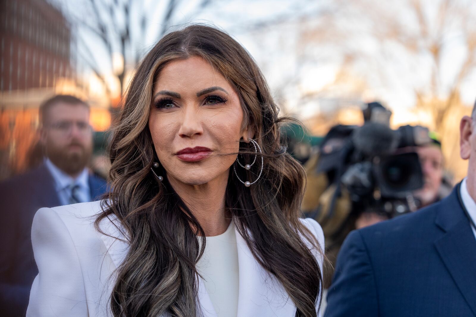 Homeland Security Secretary Kristi Noem speaks with reporters at the White House, Wednesday, Jan. 29, 2025, in Washington. (AP Photo/Alex Brandon)