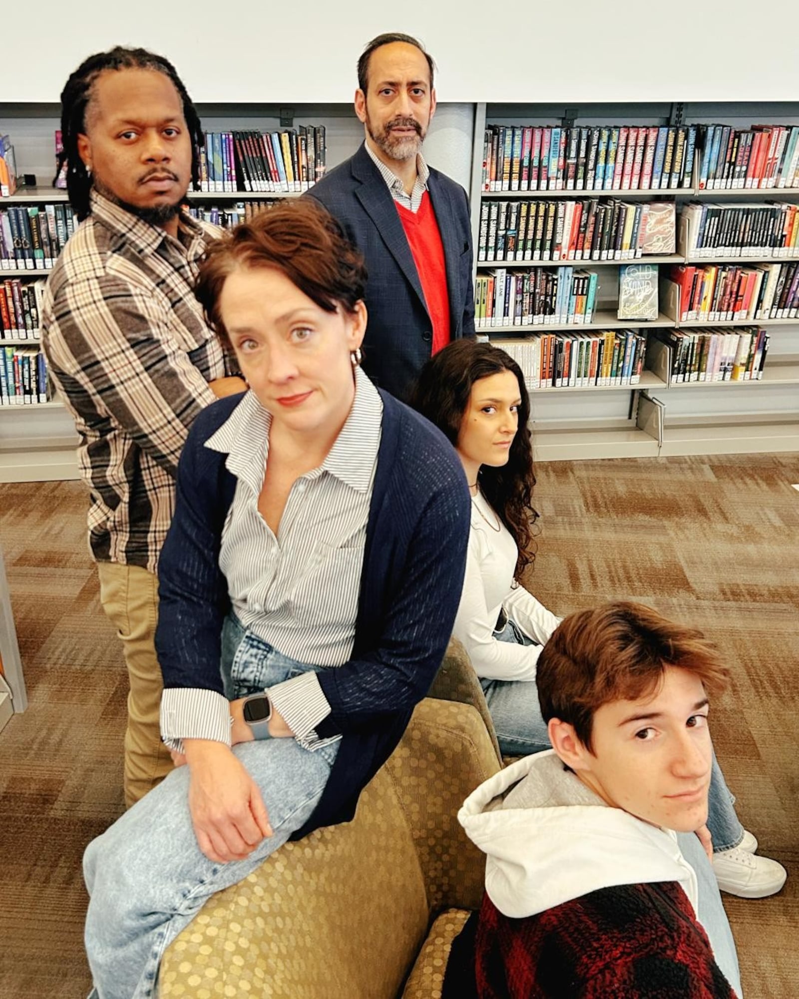 Clockwise from right: James Rana (Peyman), Kylie Flick (Shirin), Cooper Schairbaum (Declan), Kelly Mengelkoch (Manon) and Rico Romalus Parker (Bruce) in the Human Race Theatre Company's production of "A Distinct Society." Photo by Human Race Theatre Company