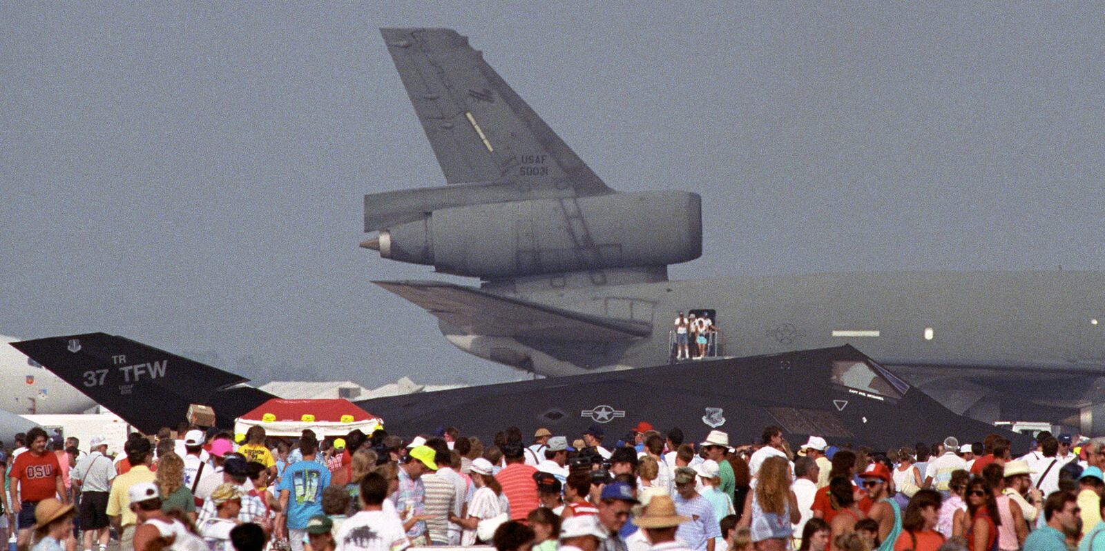 F-117A Stealth Fighter was constantly surrounded by aviation enthusiasts in its Dayton debut.