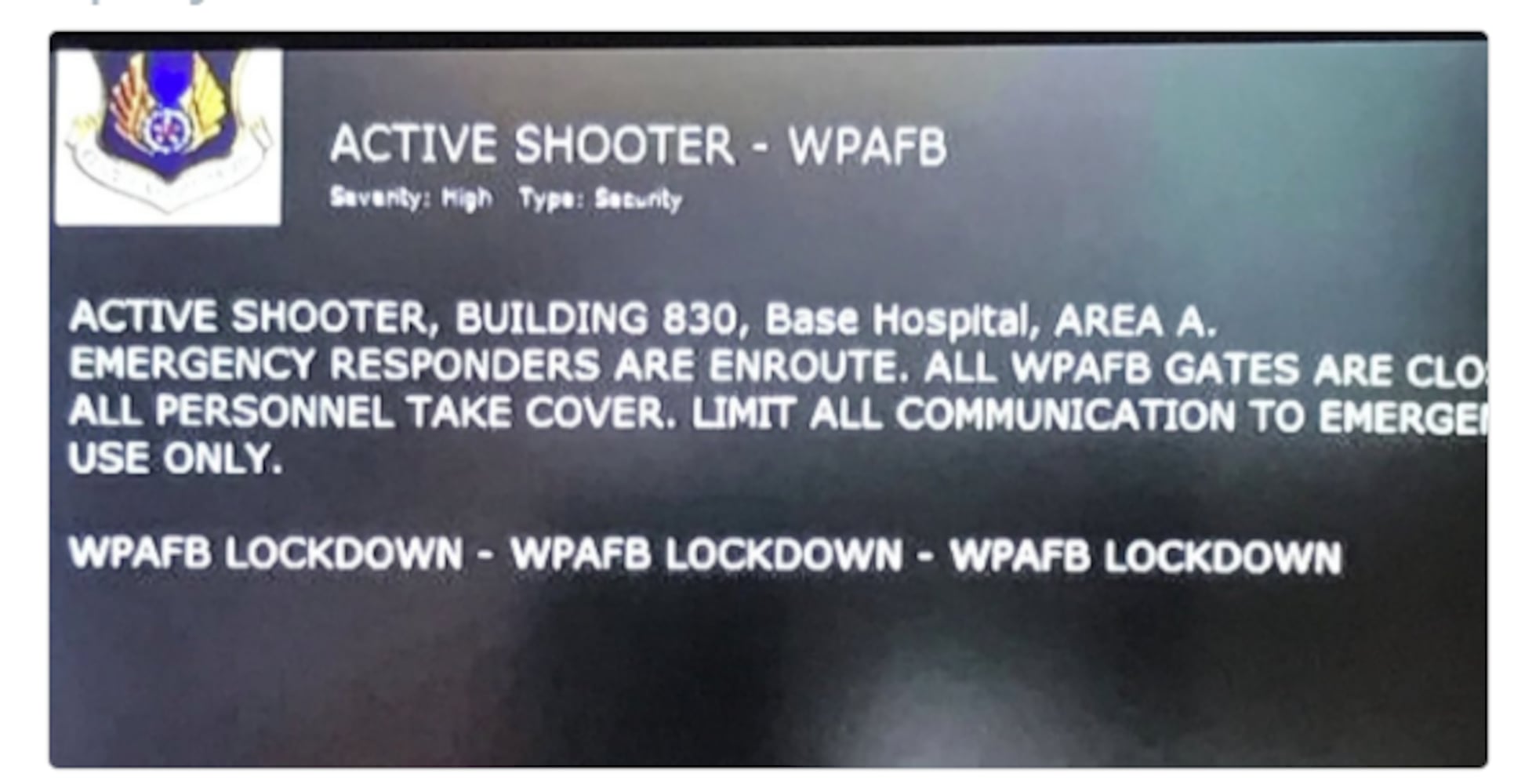 Active shooter reported at Wright-Patterson Air Force Base hospital